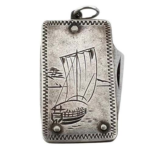 V I N T A G E // by the sea / fine 990 silver hand engraved nautical scene Japanese pen knife / a pendant