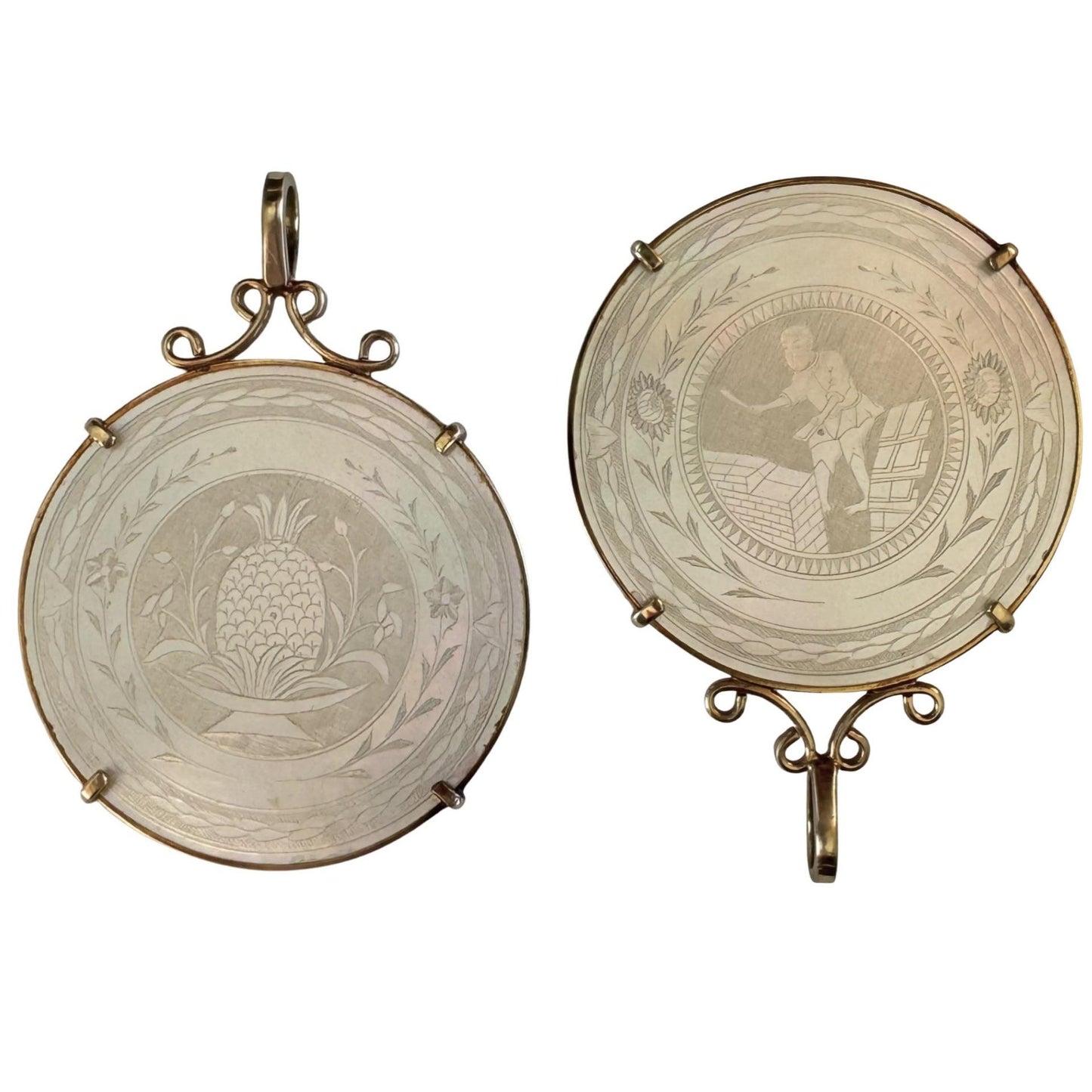 reworked A N T I Q U E // fruits of our labor / solid 14k yellow gold framed antique Chinese gambling chip pendant / carved mother of pearl