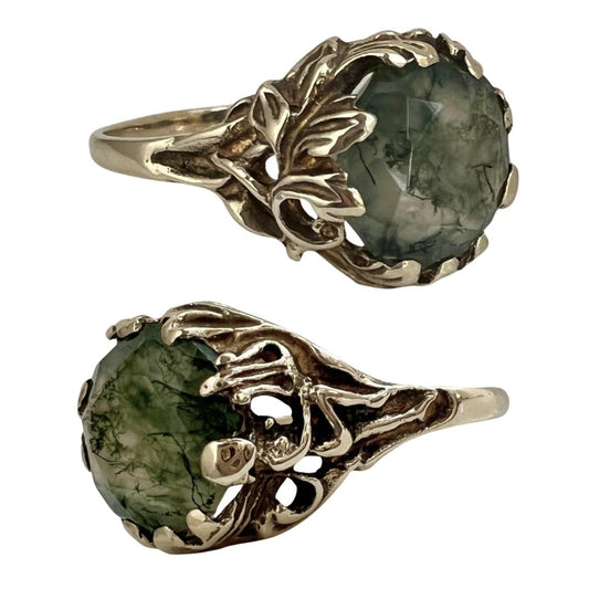reimagined V I N T A G E // the moss and the fairy / 10k yellow gold and moss agate solitaire ring / size 8-8.25