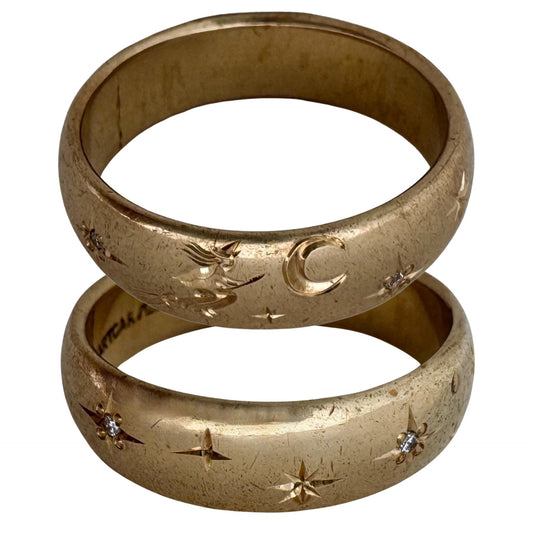 reimagined V I N T A G E // the best witch / 14k and diamond starburst eternity band with a witch flying on a broom / size 8ish