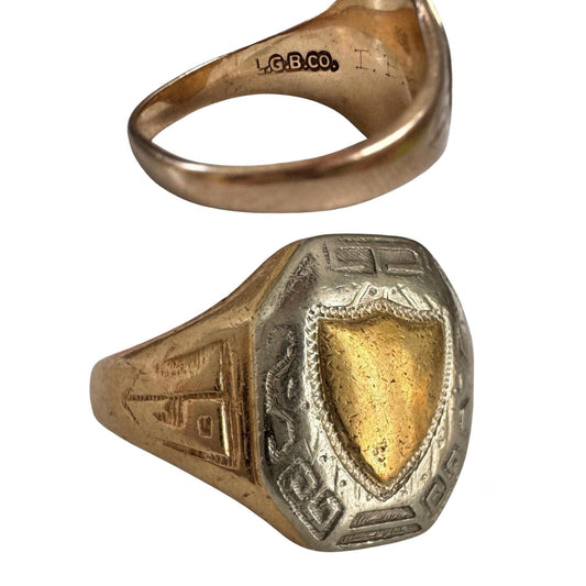 V I N T A G E // almost antique LGB Co / 10k yellow and white gold 1928 shield class ring / size 7.75