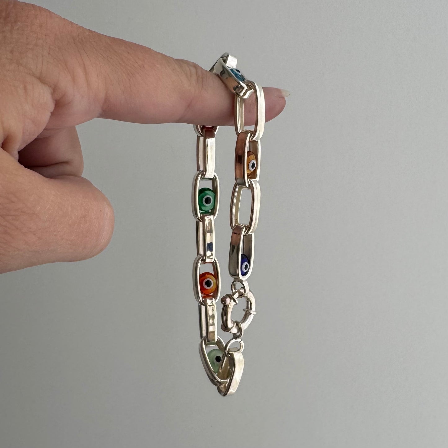 P R E - L O V E D // floating eyes / sterling silver paperclip chain bracelet with evil eyes / 7.75", 10.2g