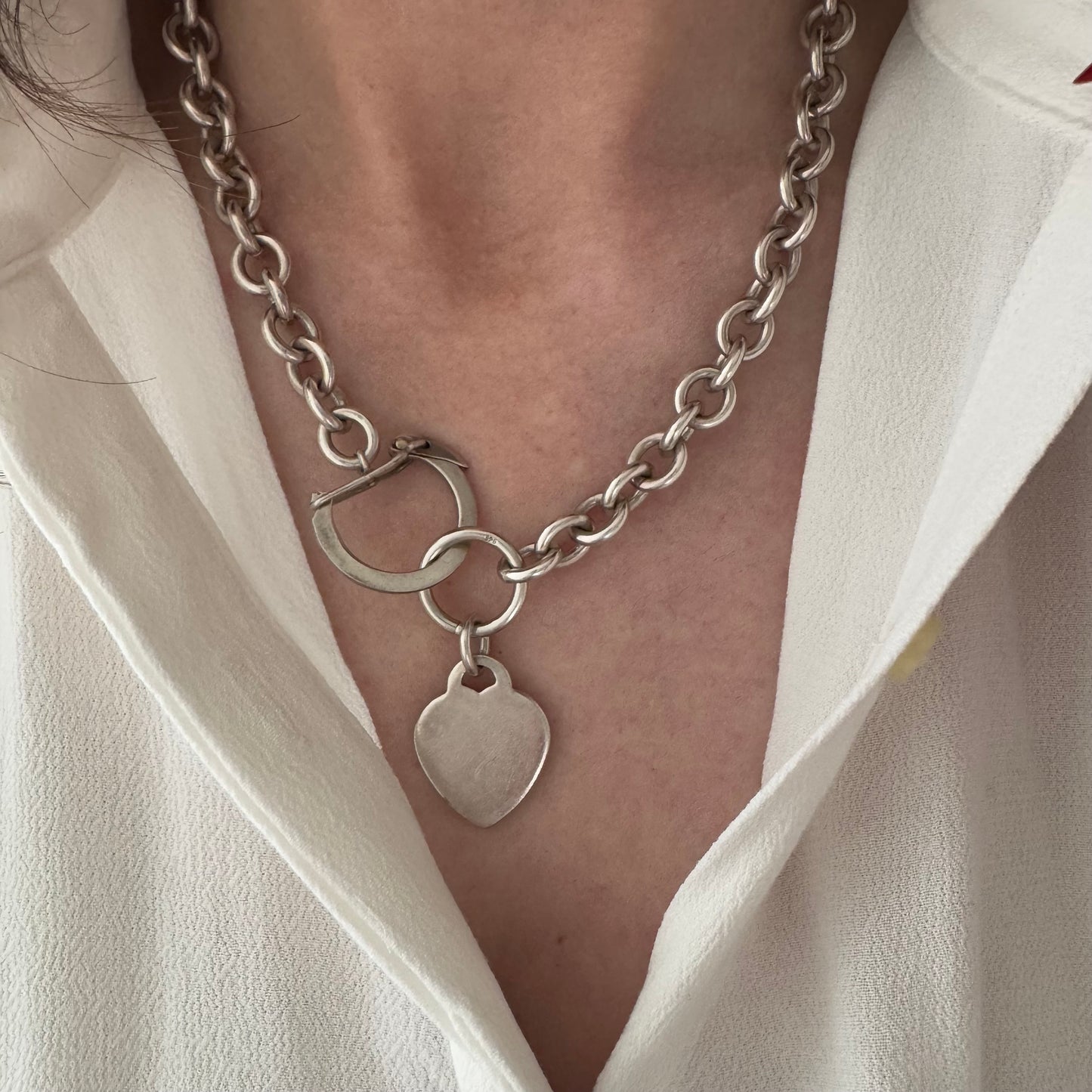 V I N T A G E // heart adorned connections / sterling silver oval cable link chain with a heart pendant and connector clasp / 18.75", 79.6g