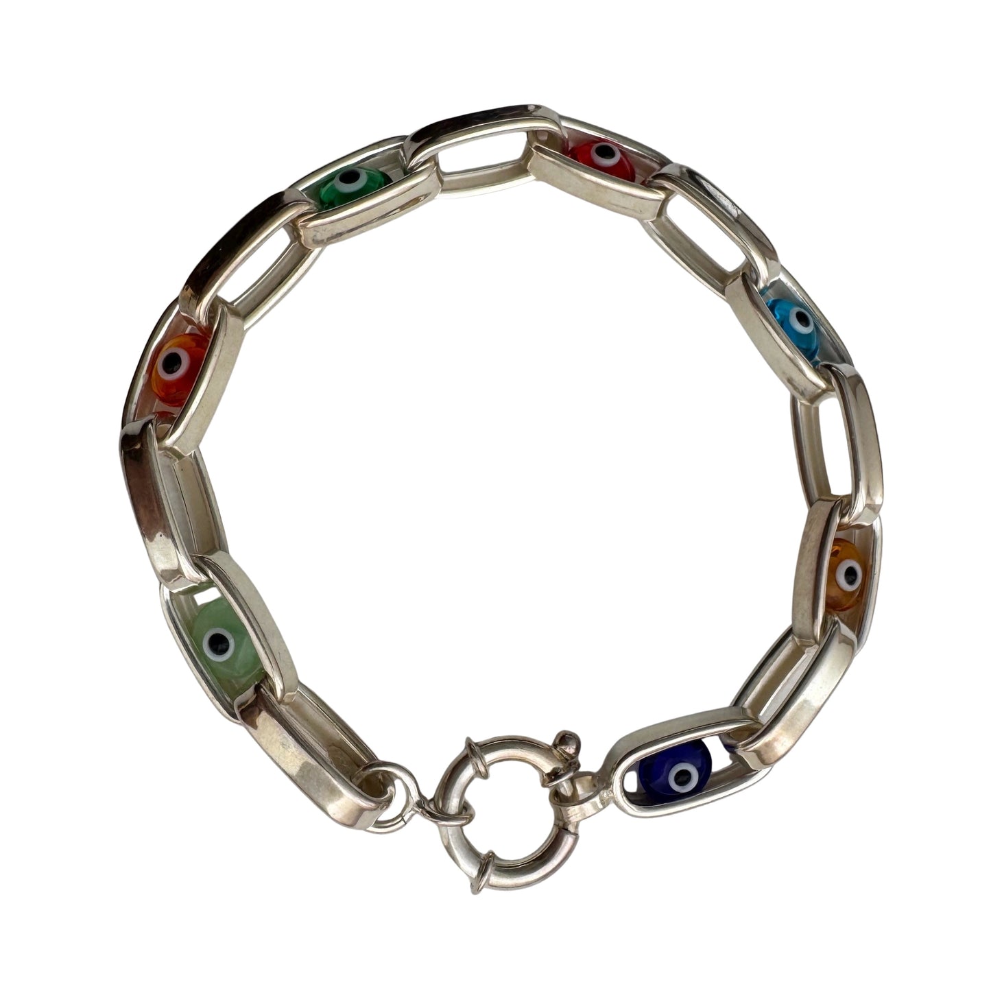 P R E - L O V E D // floating eyes / sterling silver paperclip chain bracelet with evil eyes / 7.75", 10.2g
