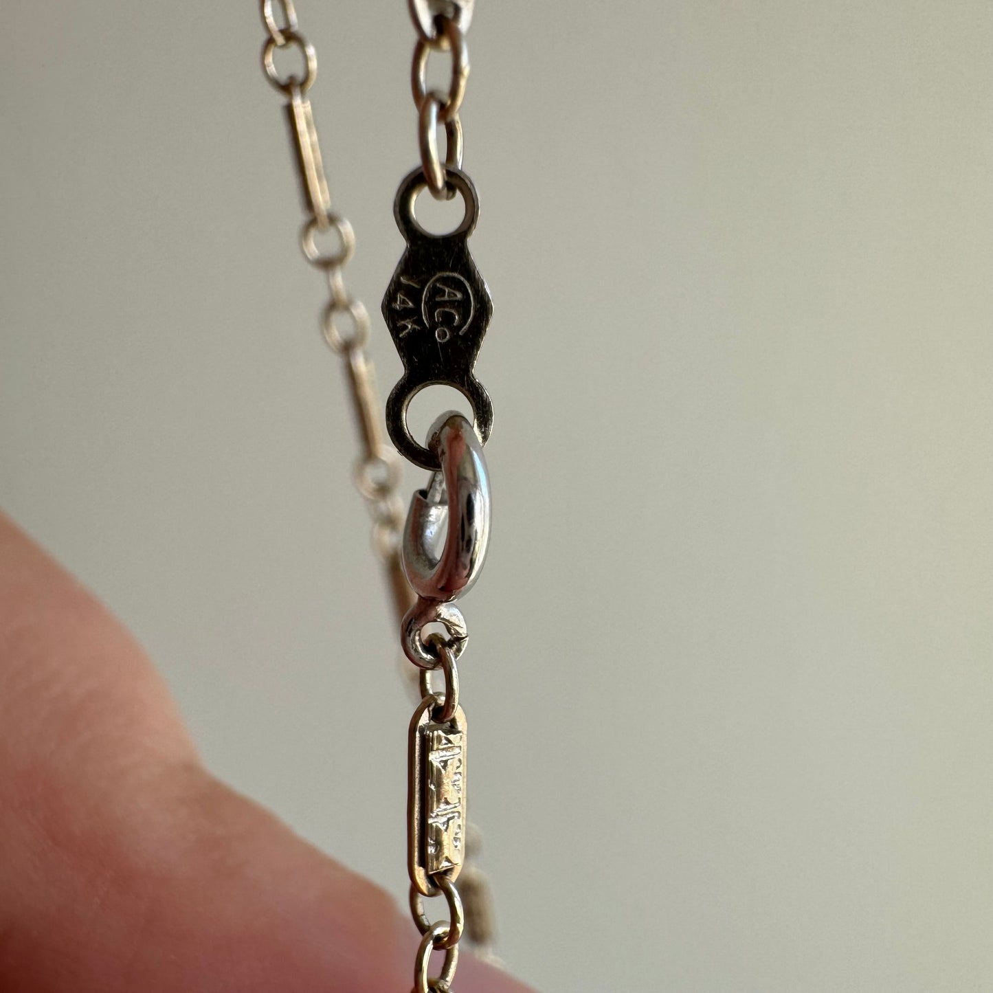 V I N T A G E // tiniest trombone / 14k white gold antique style fancy link chain / 15.75", 3.6g