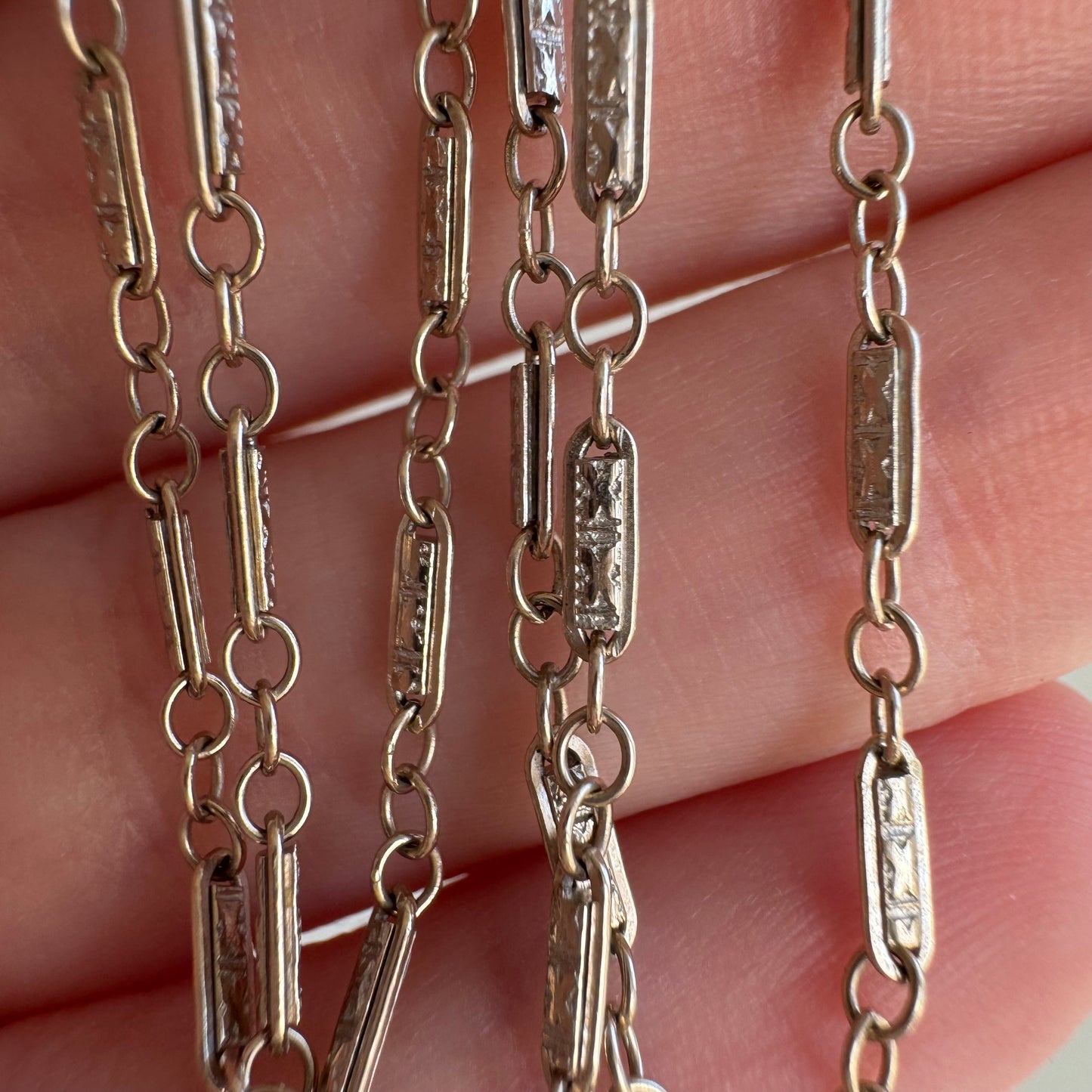 V I N T A G E // tiniest trombone / 14k white gold antique style fancy link chain / 15.75", 3.6g