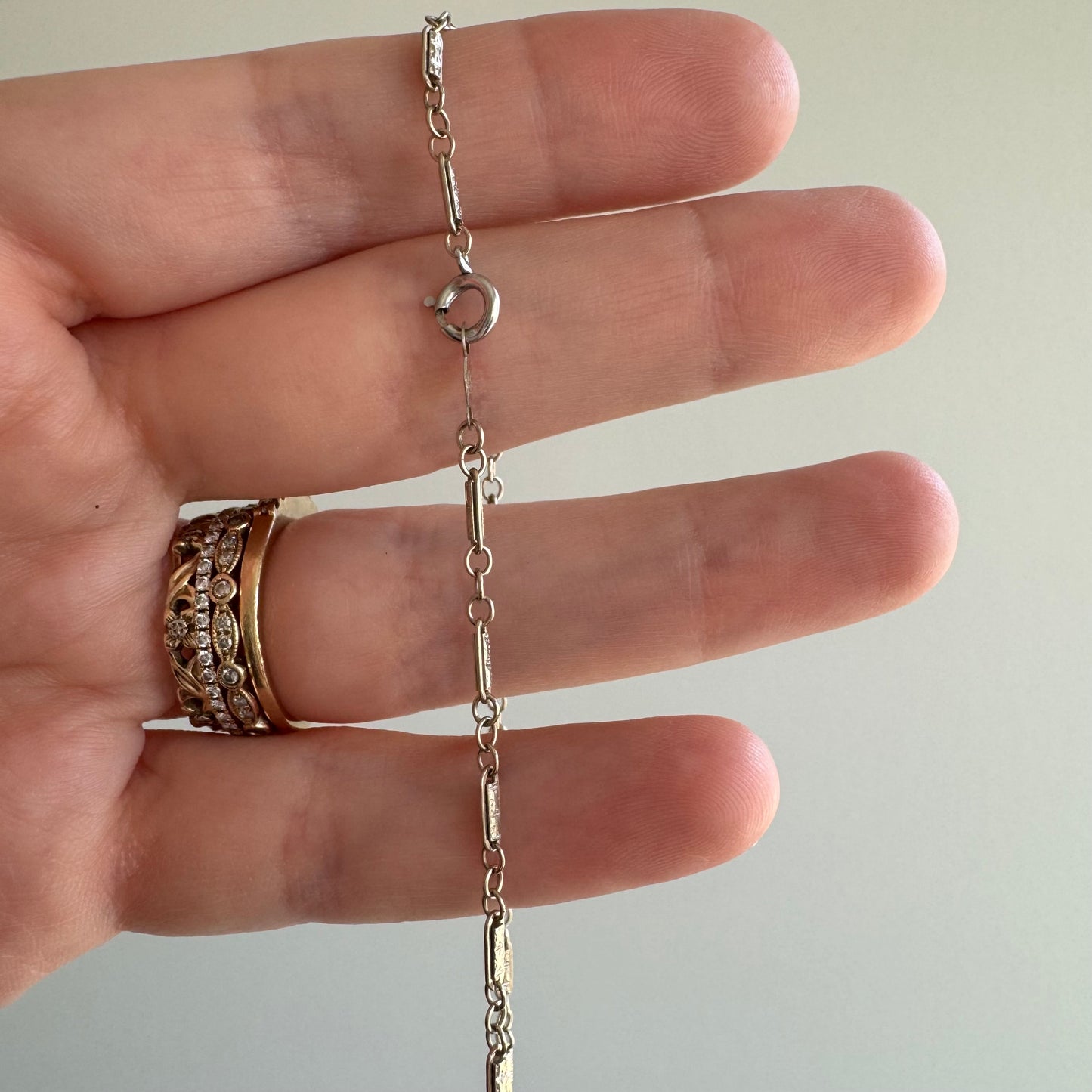 V I N T A G E // tiniest trombone / 14k white gold antique style fancy link chain / 15.75", 3.6g