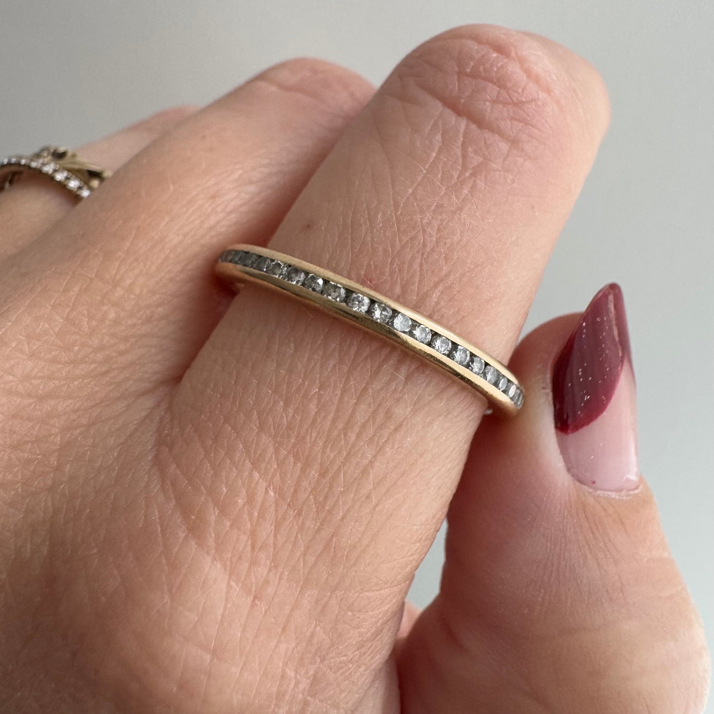 V I N T A G E // sparkly horizon / 14k yellow gold and channel set diamond half eternity band / size 10.75