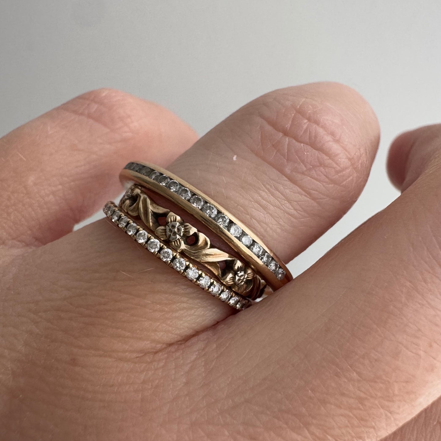 V I N T A G E // sparkly horizon / 14k yellow gold and channel set diamond half eternity band / size 10.75