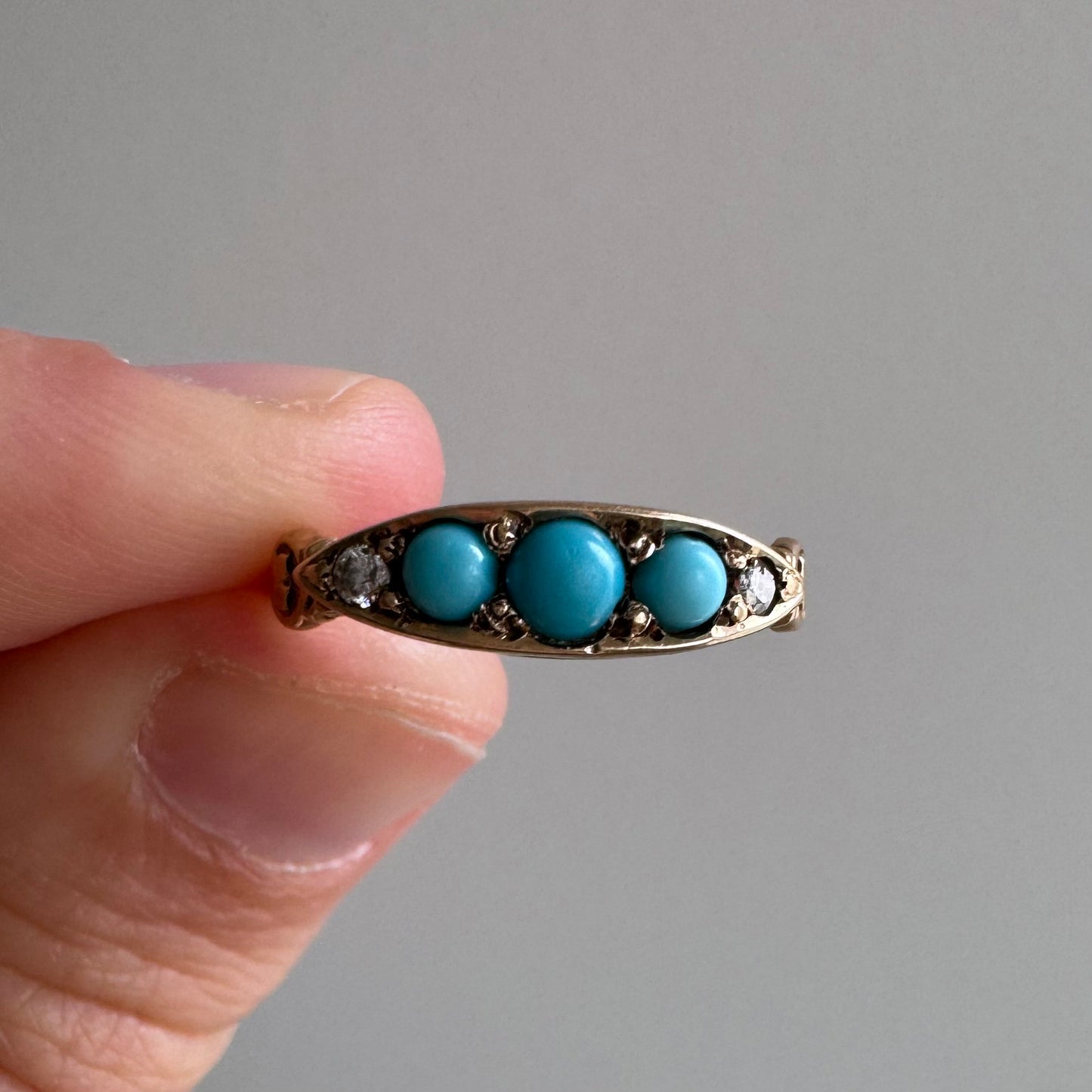 A N T I Q U E // baby blue boat / 10k rosy yellow gold boat ring with turquoise and diamonds / size 6.25