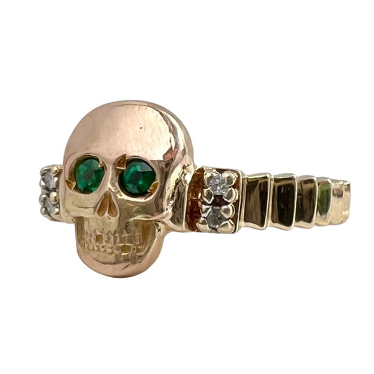 reimagined V I N T A G E // green eyed memento mori / 10k yellow gold and diamond skull stacking ring / size 5.75