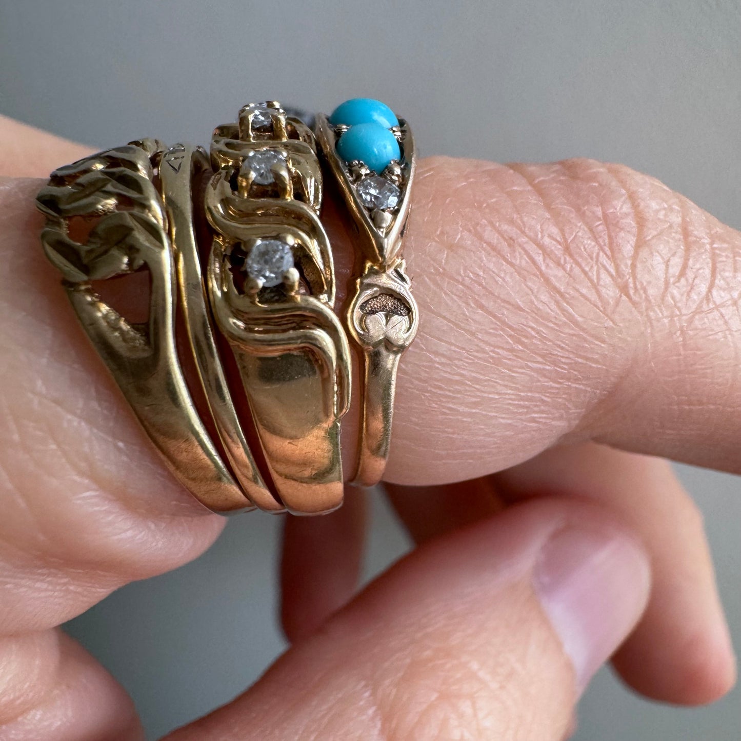 A N T I Q U E // baby blue boat / 10k rosy yellow gold boat ring with turquoise and diamonds / size 6.25