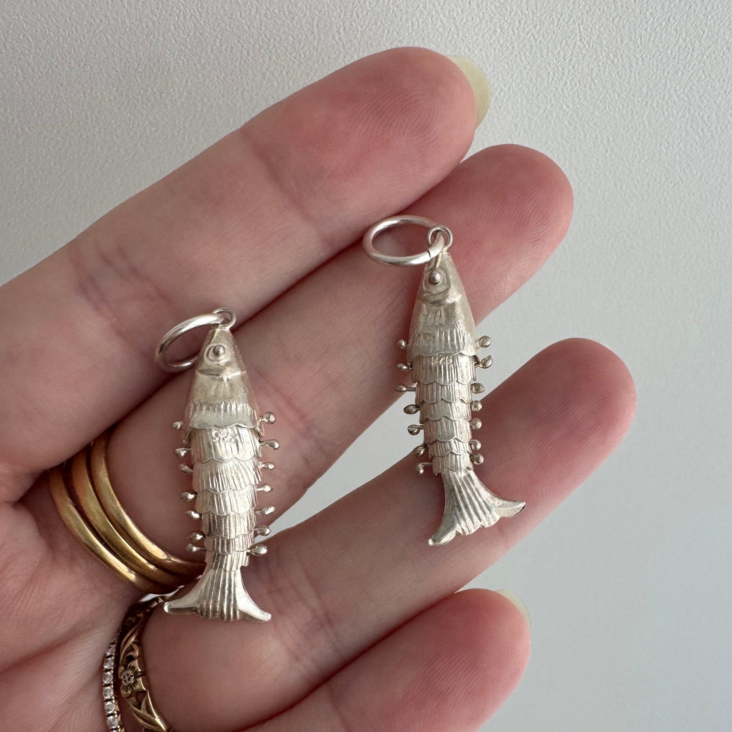 V I N T A G E // lucky catch / sterling silver articulated pair of wiggle fish pendants