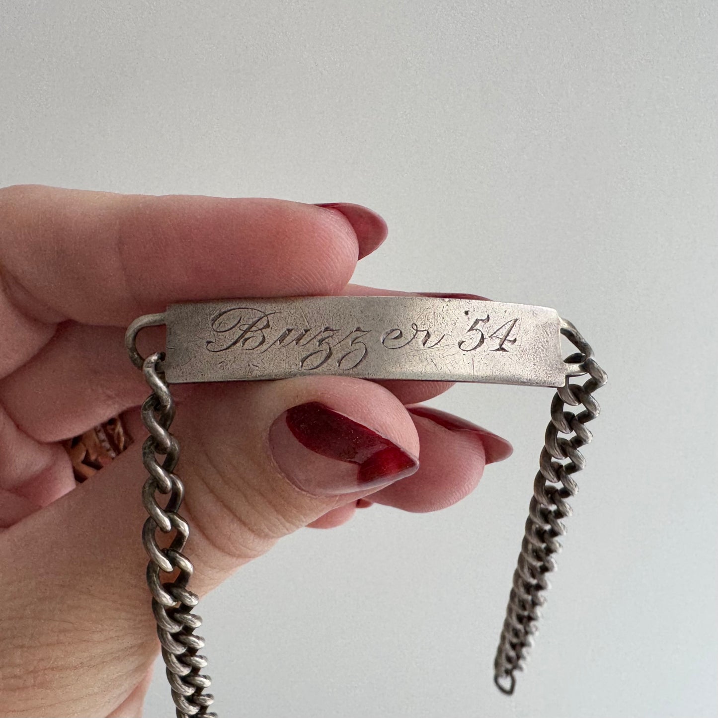 V I N T A G E // Buzzer '54 // sterling silver ID bracelet with sister clasp / 7.25", 11.2g