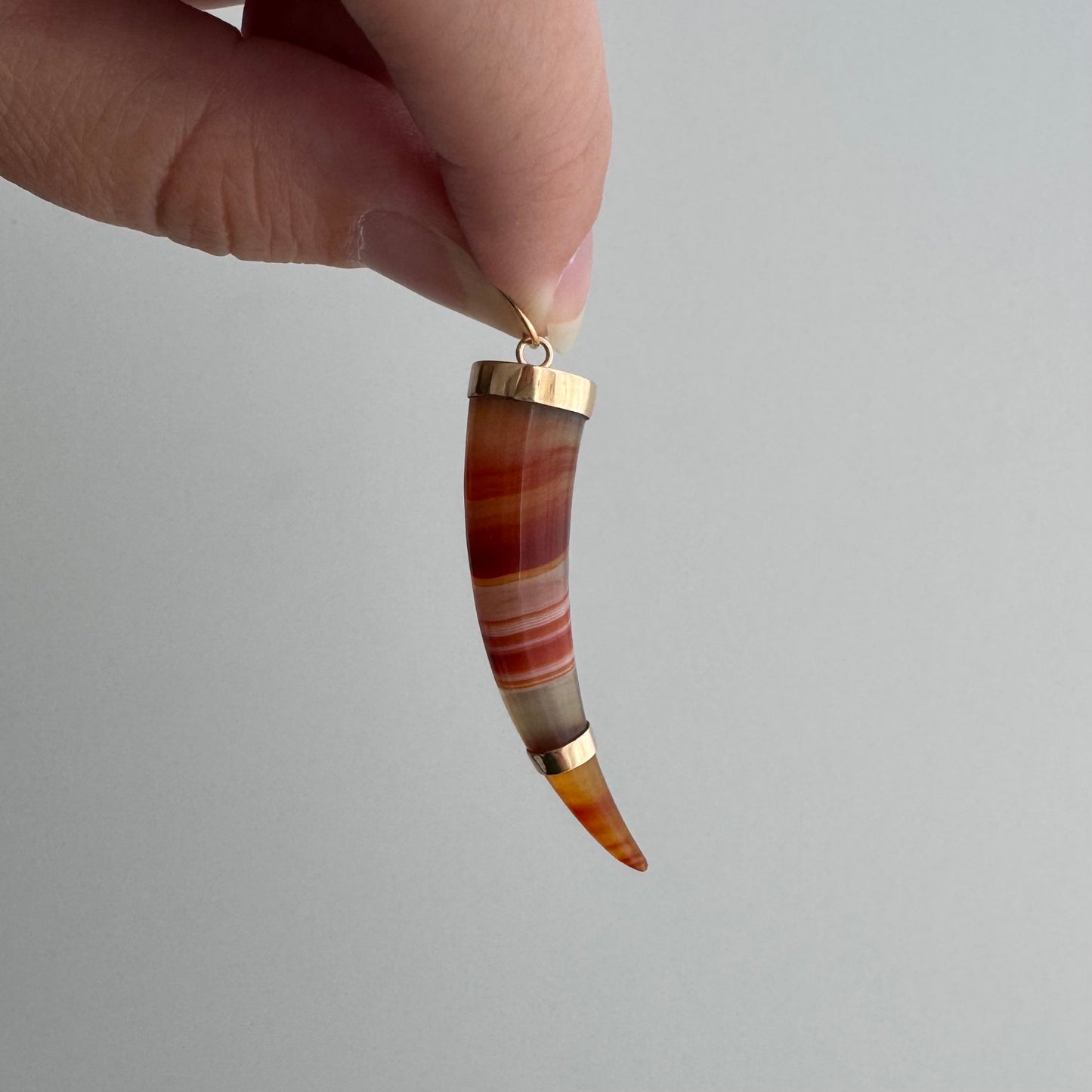 reimagined A N T I Q U E // like a horn / 14k and orange red banded agate / a brooch conversion pendant