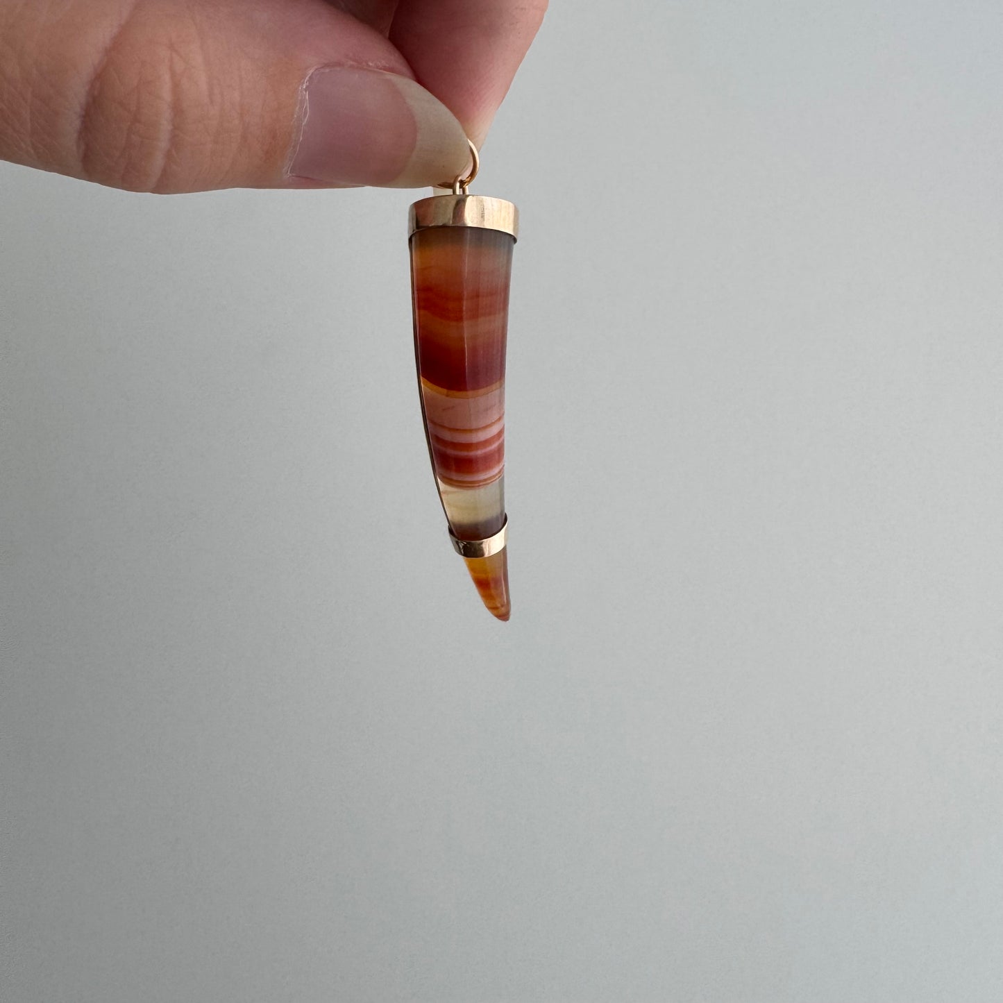 reimagined A N T I Q U E // like a horn / 14k and orange red banded agate / a brooch conversion pendant