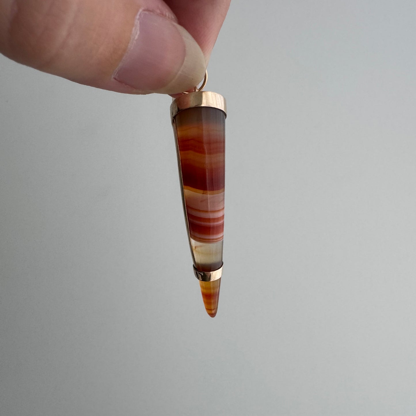 reimagined A N T I Q U E // like a horn / 14k and orange red banded agate / a brooch conversion pendant