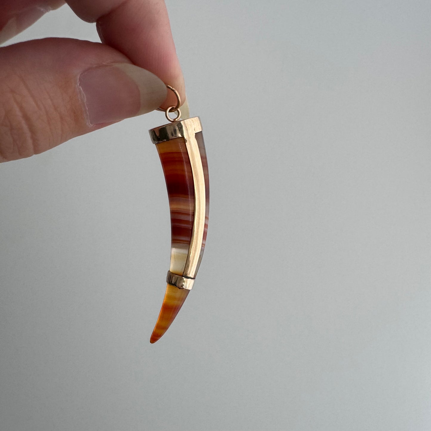 reimagined A N T I Q U E // like a horn / 14k and orange red banded agate / a brooch conversion pendant