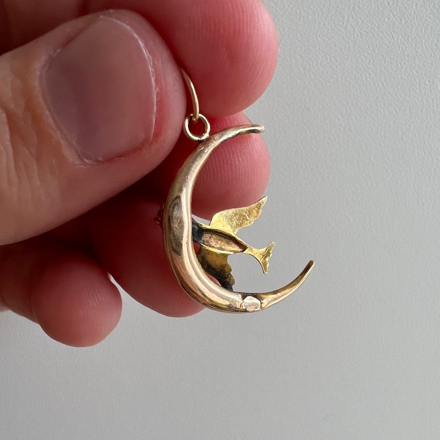 reimagined V I N T A G E // swallow eclipse / 10k crescent moon and bird pendant