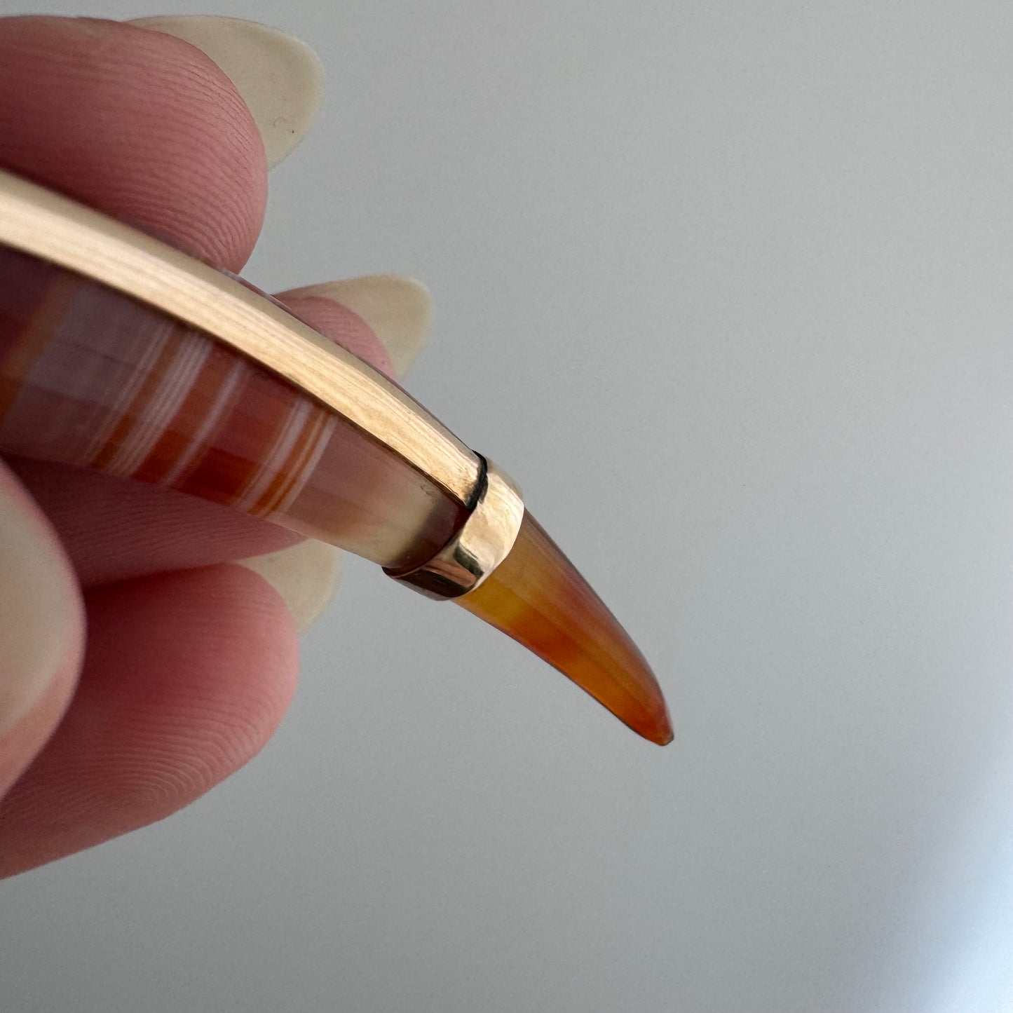 reimagined A N T I Q U E // like a horn / 14k and orange red banded agate / a brooch conversion pendant