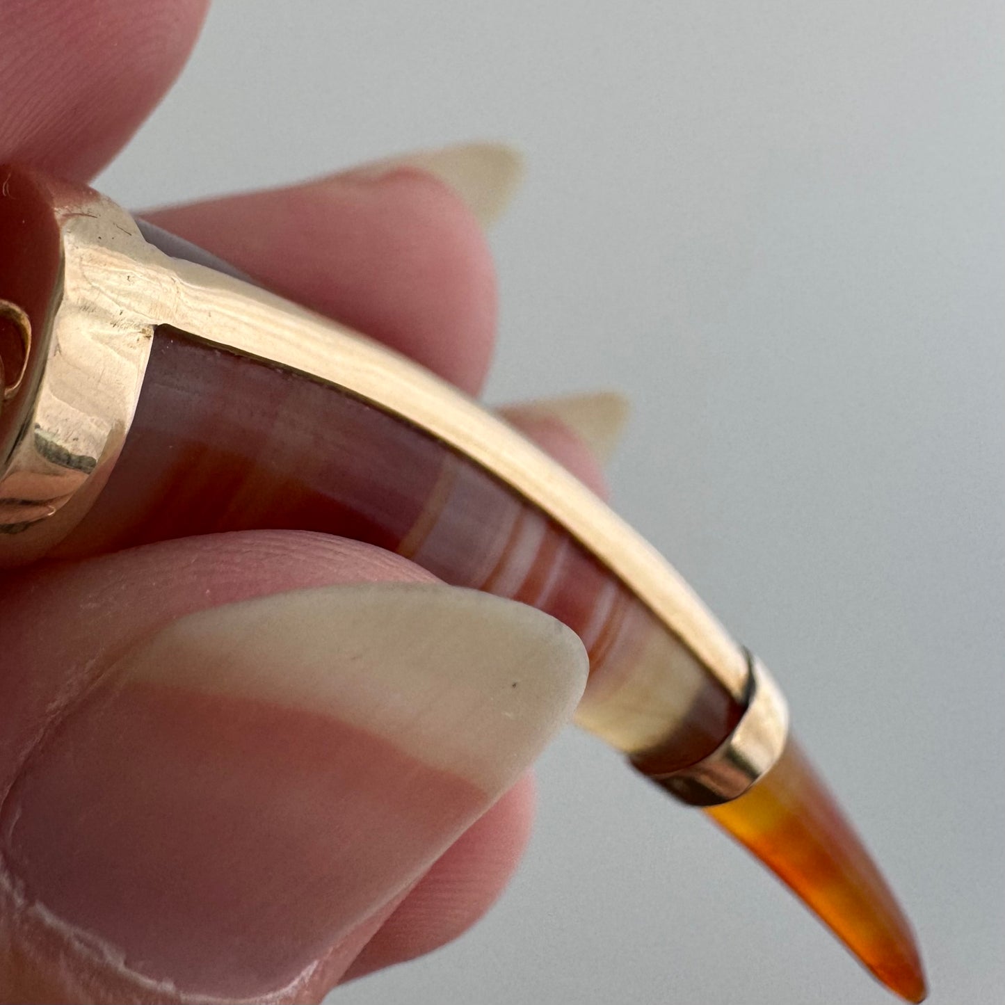 reimagined A N T I Q U E // like a horn / 14k and orange red banded agate / a brooch conversion pendant