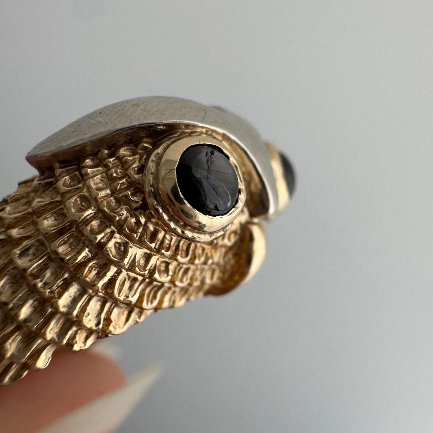 V I N T A G E // sage owl / 14k and grey chrysoberyl cat's eye owl dome ring / size 5.5