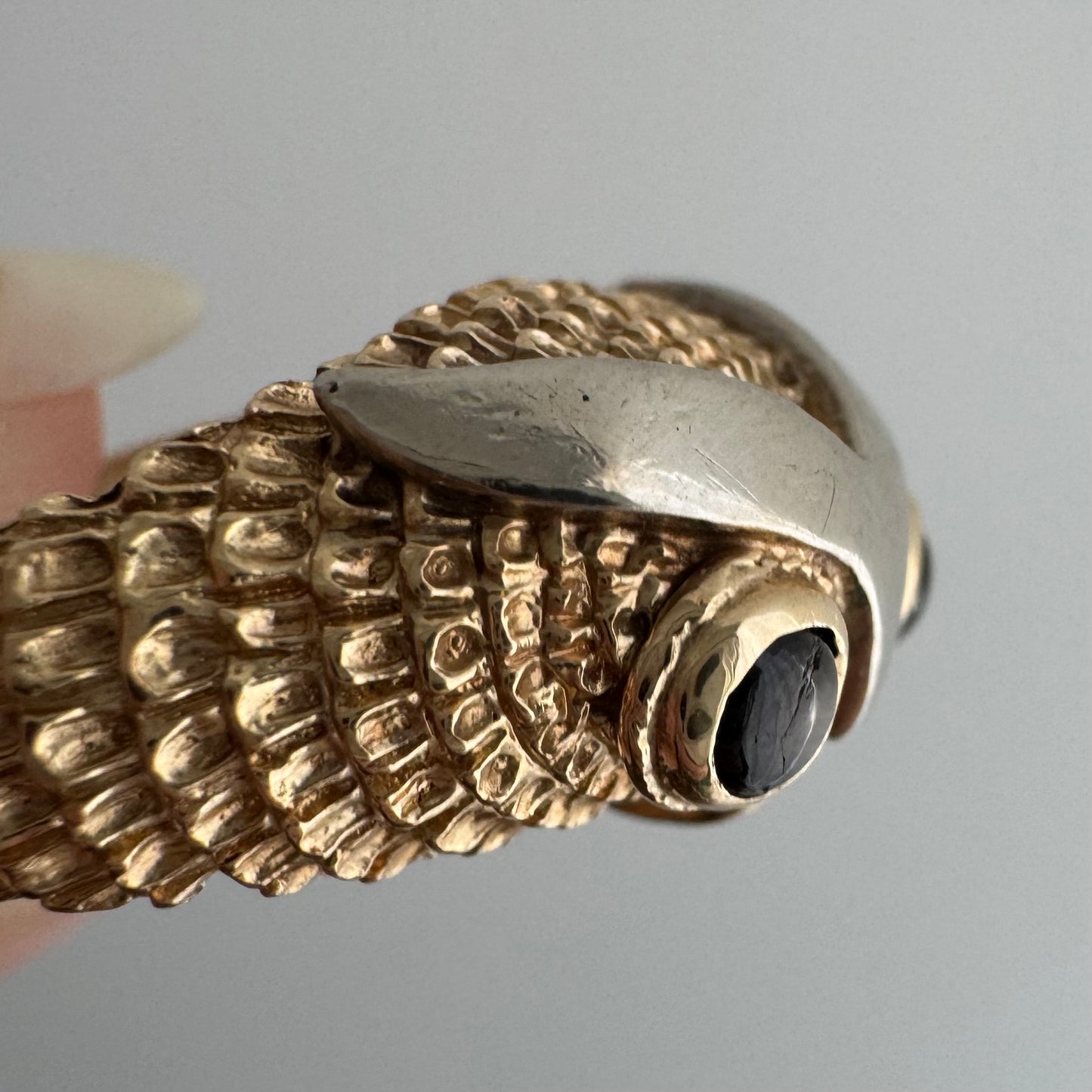 V I N T A G E // sage owl / 14k and grey chrysoberyl cat's eye owl dome ring / size 5.5