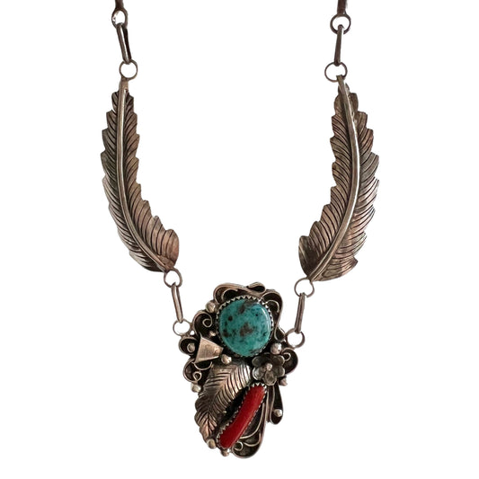 V I N T A G E // Angela's feathers / sterling silver artisan necklace by Angela Lee / turquoise and coral