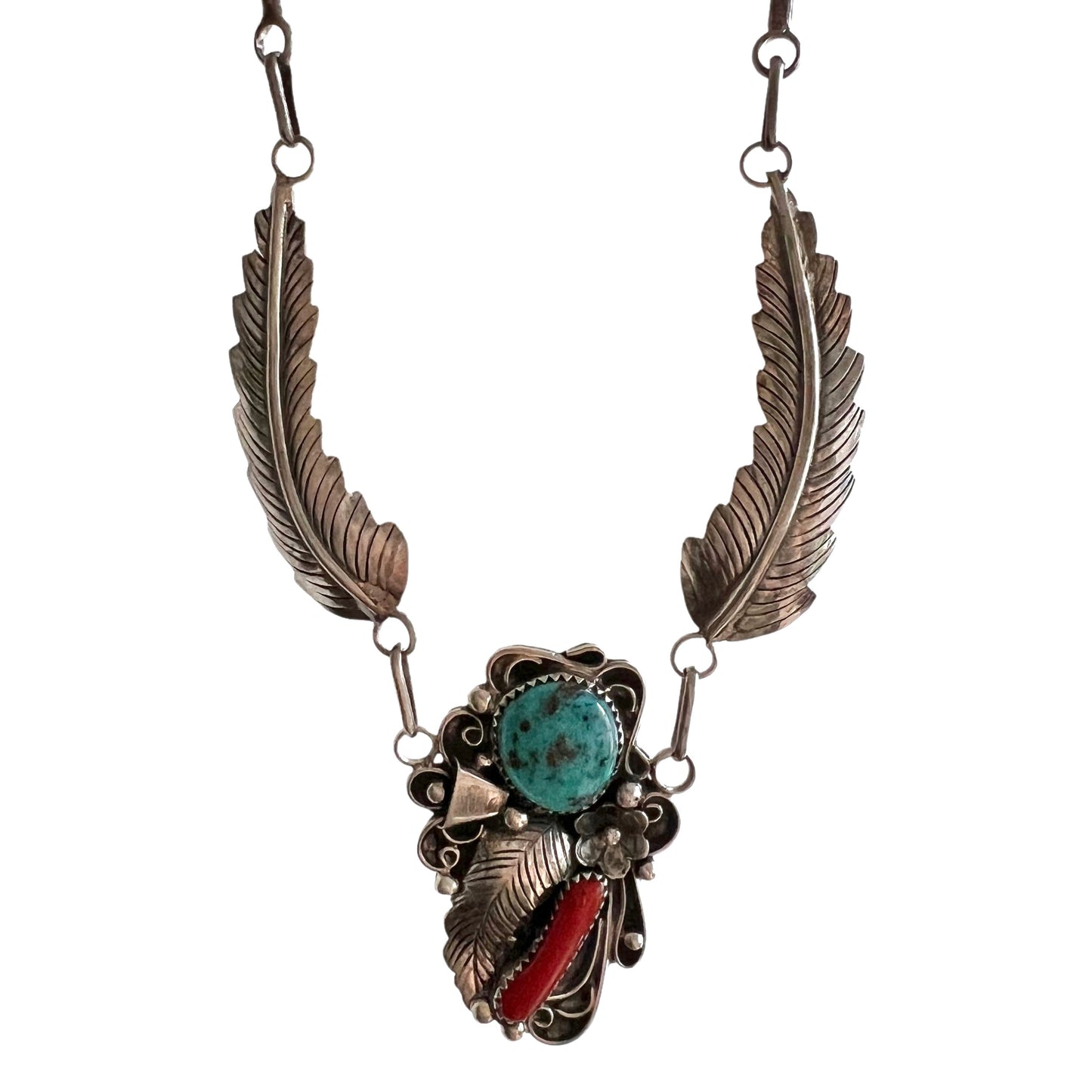 V I N T A G E // Angela's feathers / sterling silver artisan necklace by Angela Lee / turquoise and coral