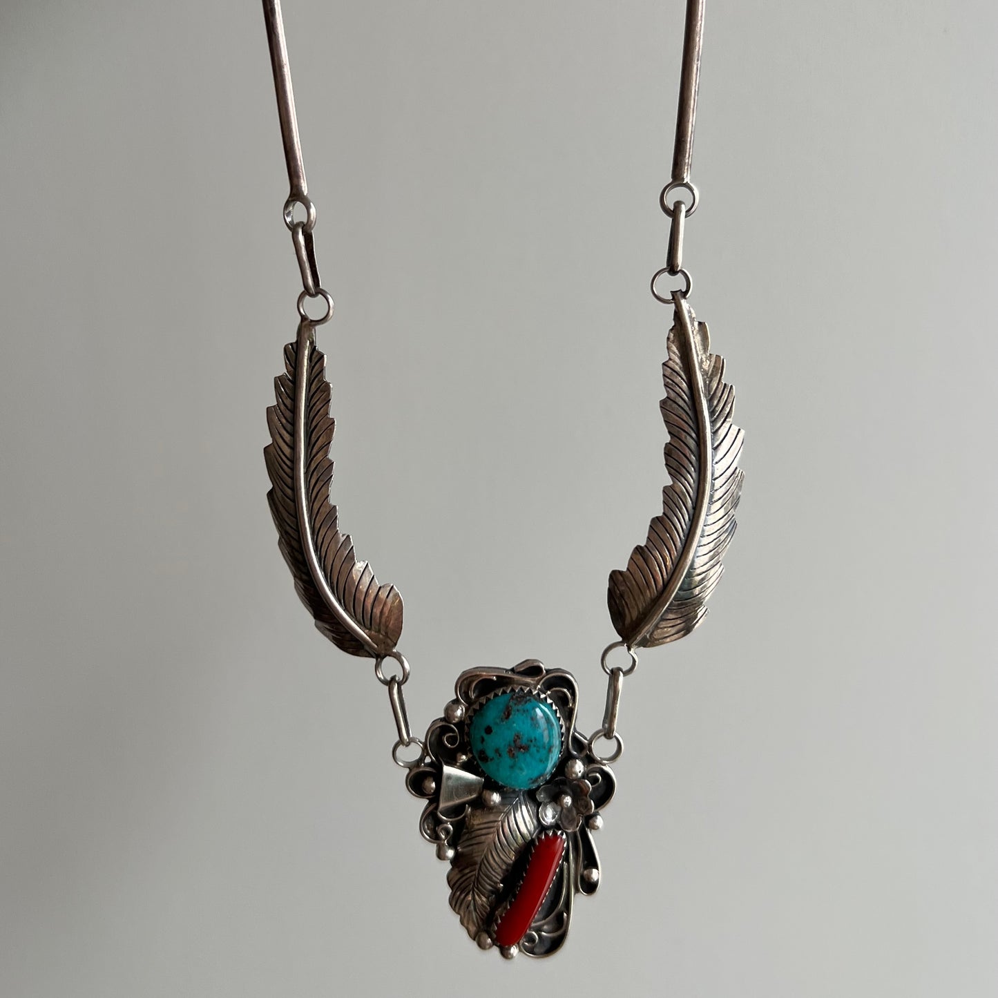 V I N T A G E // Angela's feathers / sterling silver artisan necklace by Angela Lee / turquoise and coral