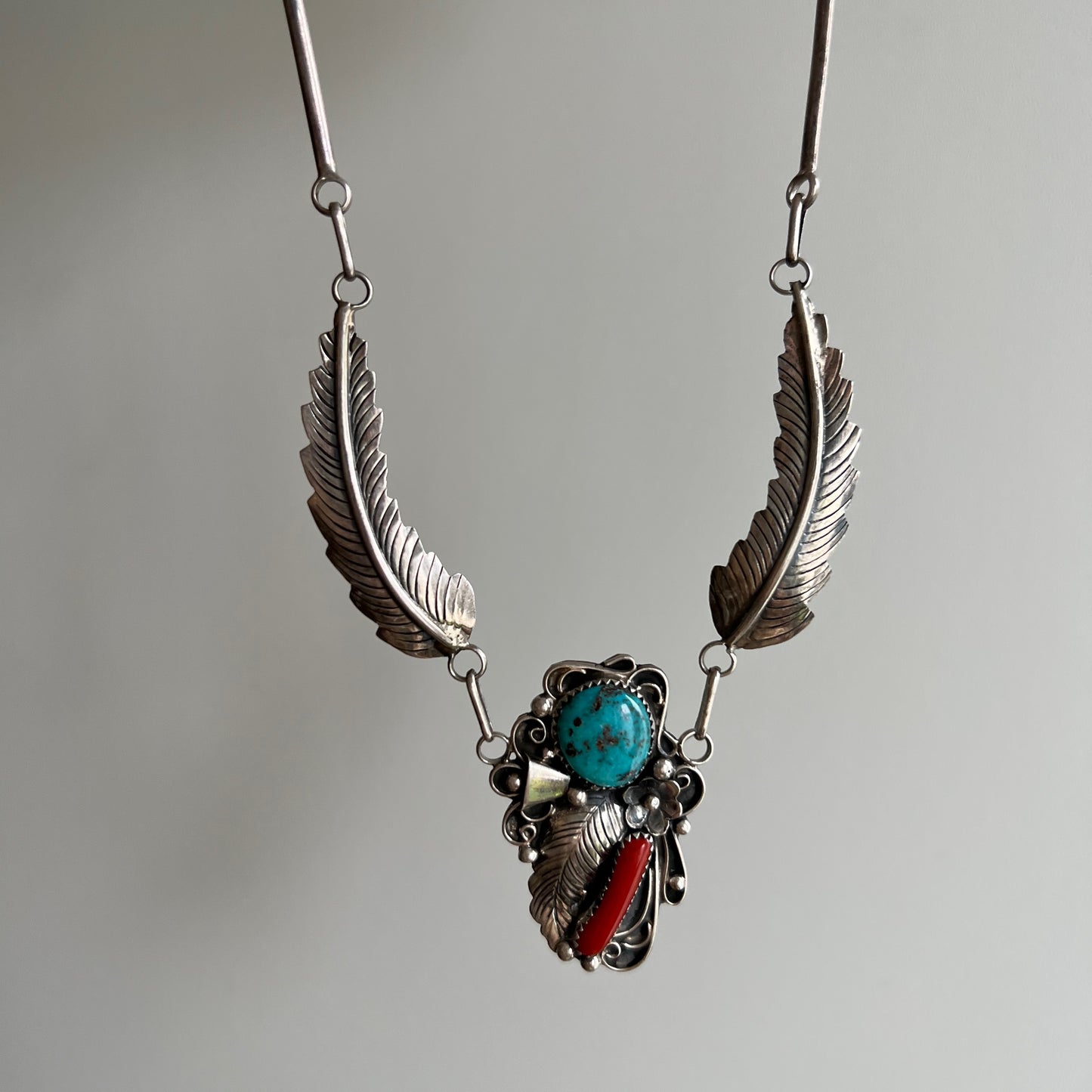 V I N T A G E // Angela's feathers / sterling silver artisan necklace by Angela Lee / turquoise and coral