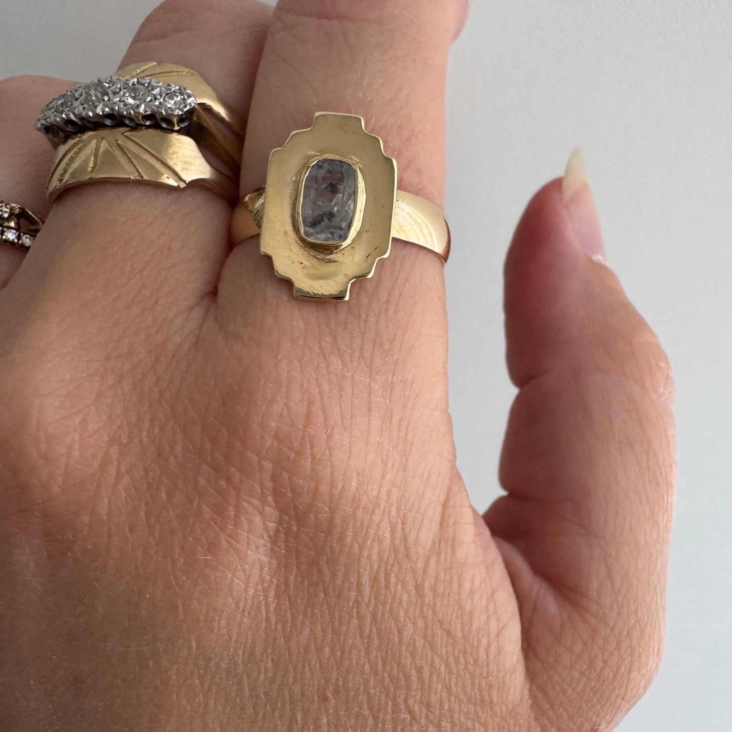 H A N D M A D E / upside down rose cut from The Rajah Press / 14k shield ring with a rose cut diamond / size ~7.5