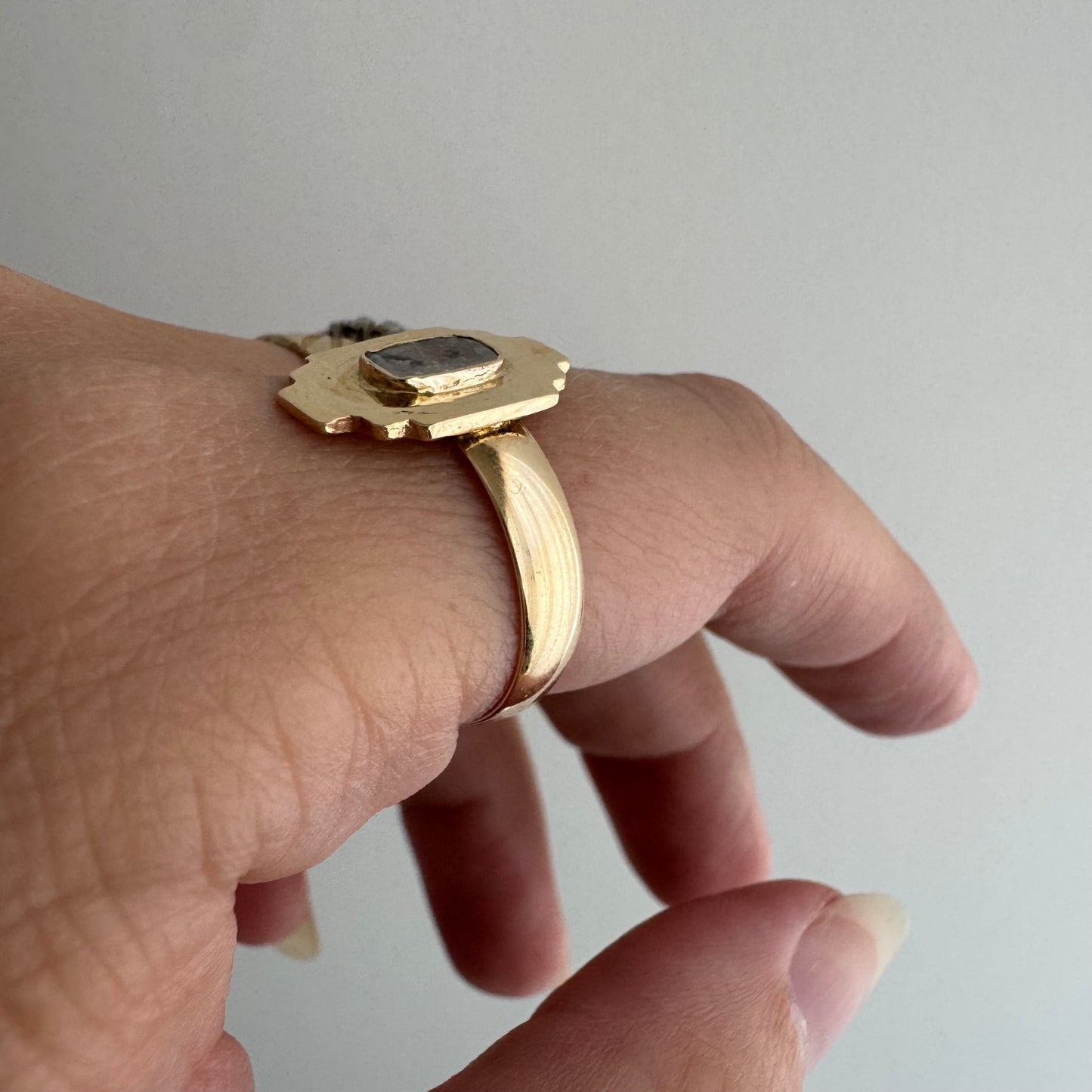 H A N D M A D E / upside down rose cut from The Rajah Press / 14k shield ring with a rose cut diamond / size ~7.5