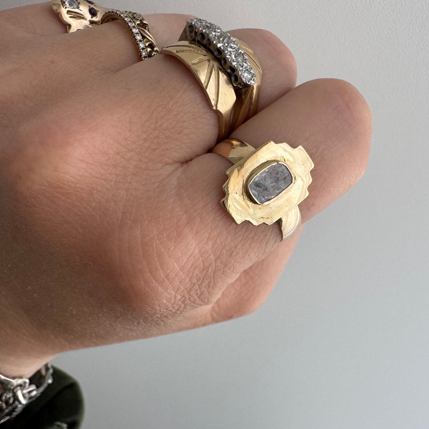 H A N D M A D E / upside down rose cut from The Rajah Press / 14k shield ring with a rose cut diamond / size ~7.5