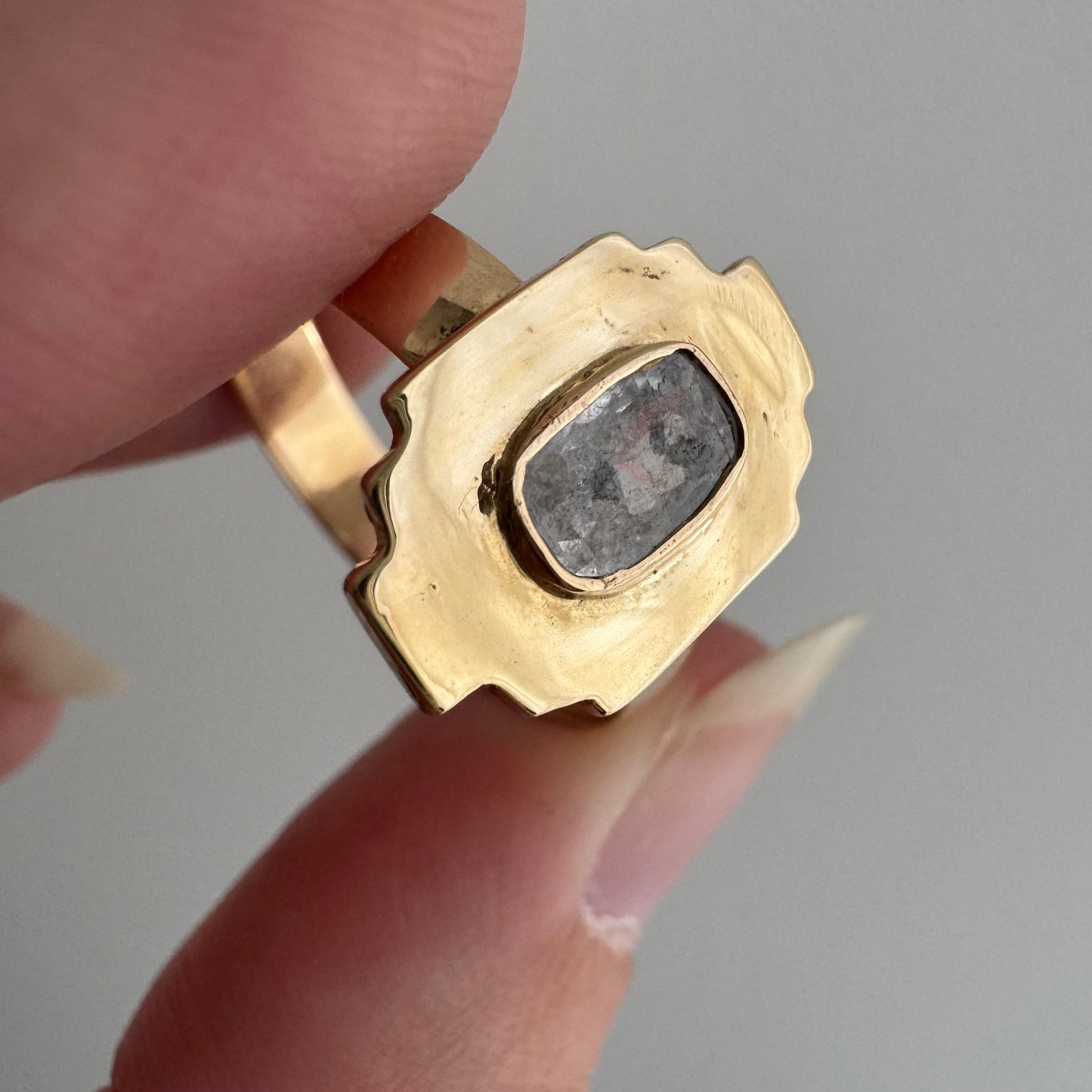 H A N D M A D E / upside down rose cut from The Rajah Press / 14k shield ring with a rose cut diamond / size ~7.5