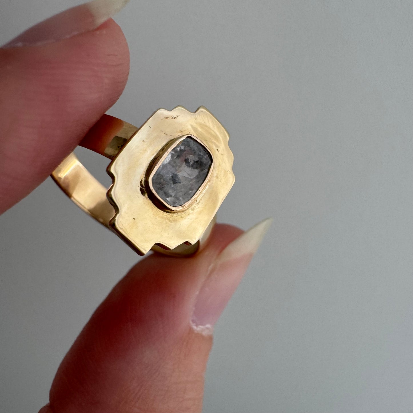 H A N D M A D E / upside down rose cut from The Rajah Press / 14k shield ring with a rose cut diamond / size ~7.5