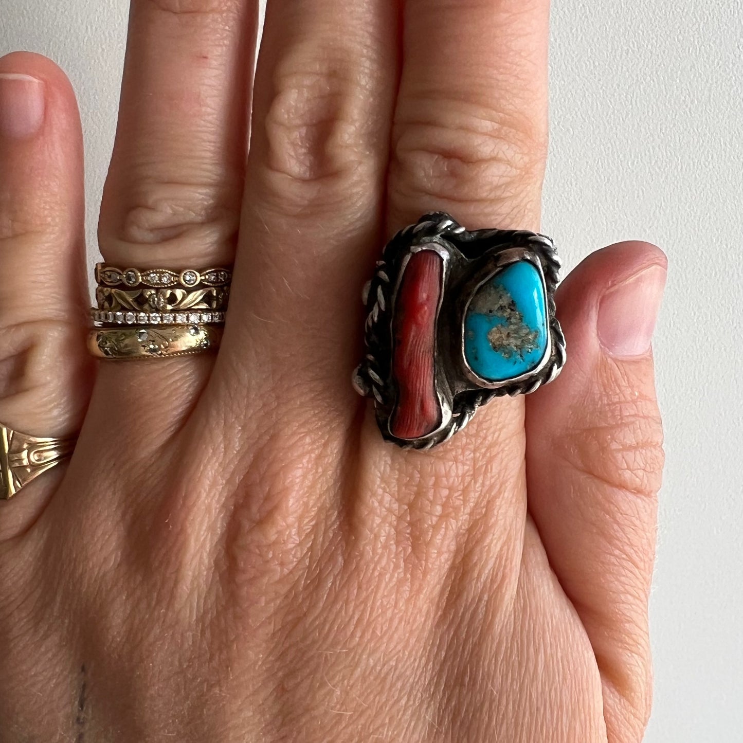 V I N T A G E // all roped up / sterling silver artisan ring with coral and turquoise / size 8