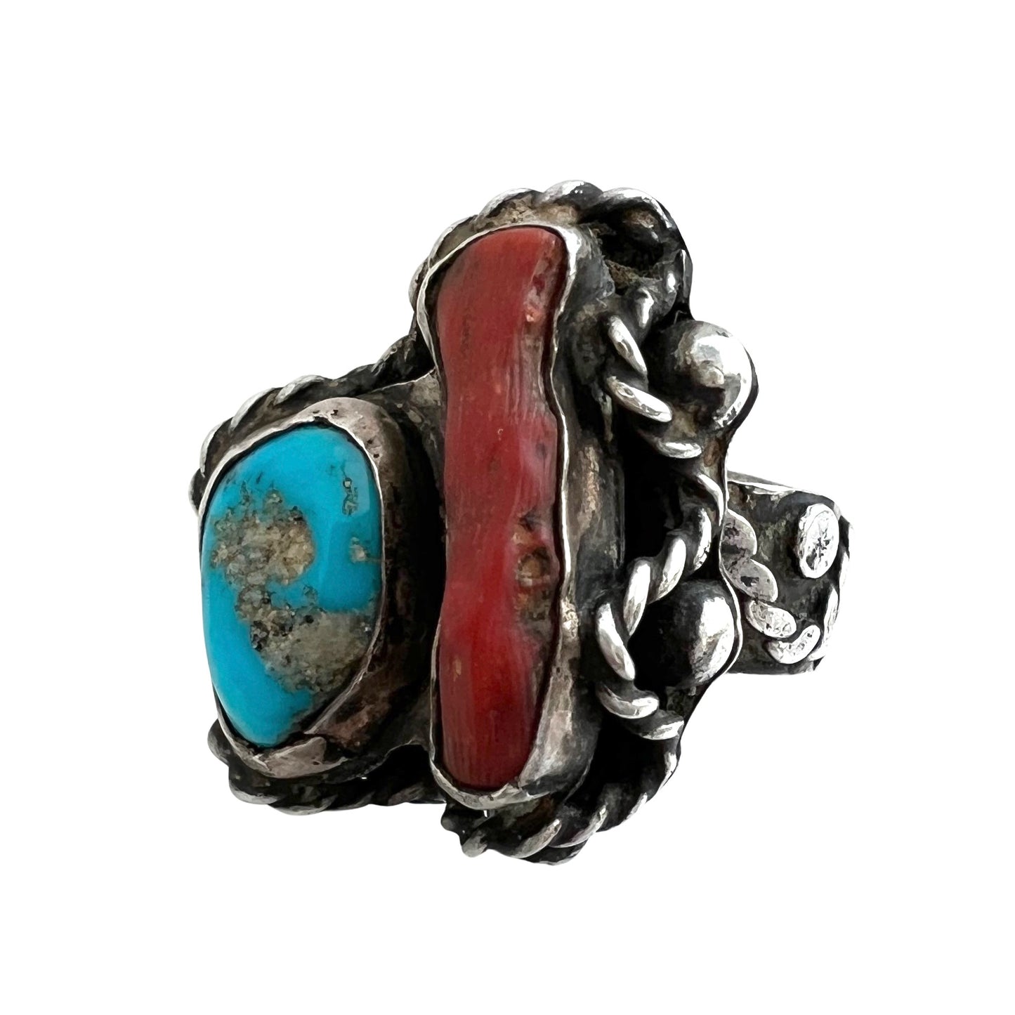 V I N T A G E // all roped up / sterling silver artisan ring with coral and turquoise / size 8