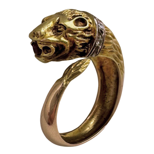 V I N T A G E // mellow beast / retro 18k and 14k yellow gold with diamonds in a white gold collar / lion ring size 6.25 to 6.5