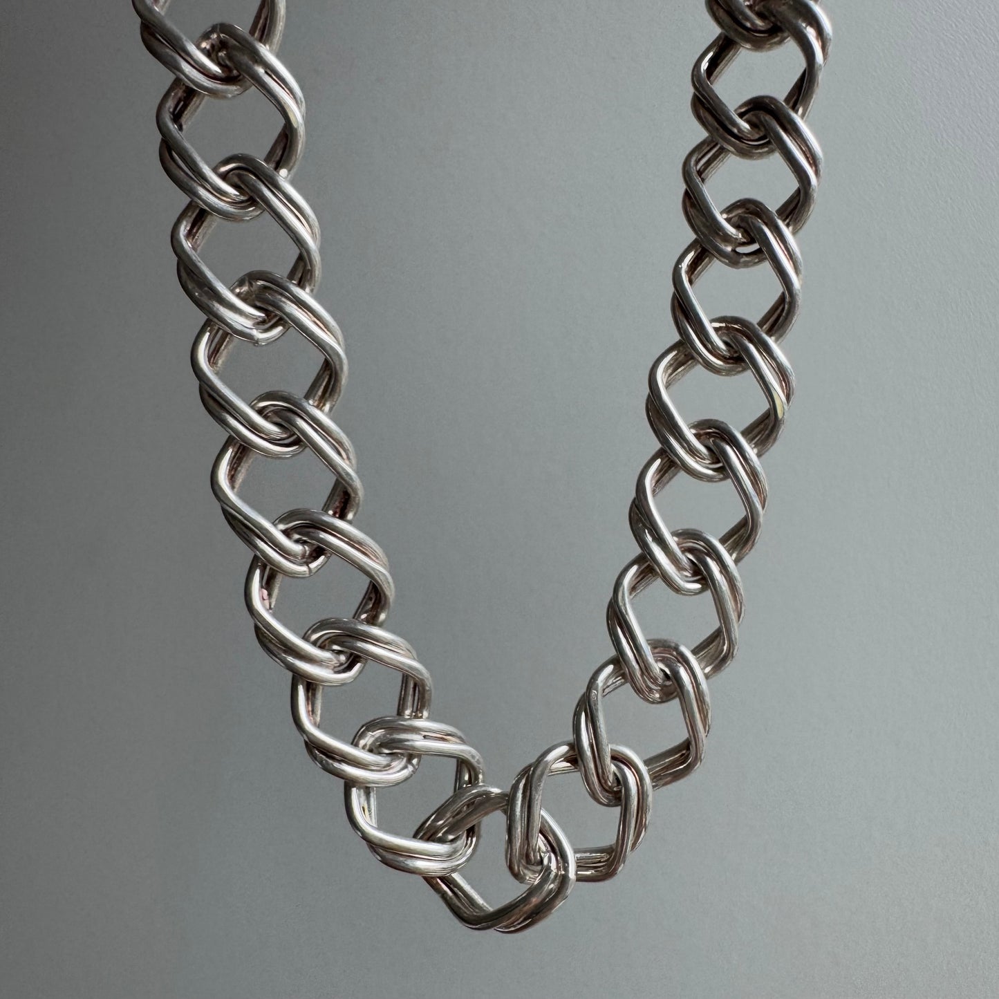 V I N T A G E // the start of something wonderful / sterling silver diamond spared double curb chain wide necklace / 17.25", 49.6g