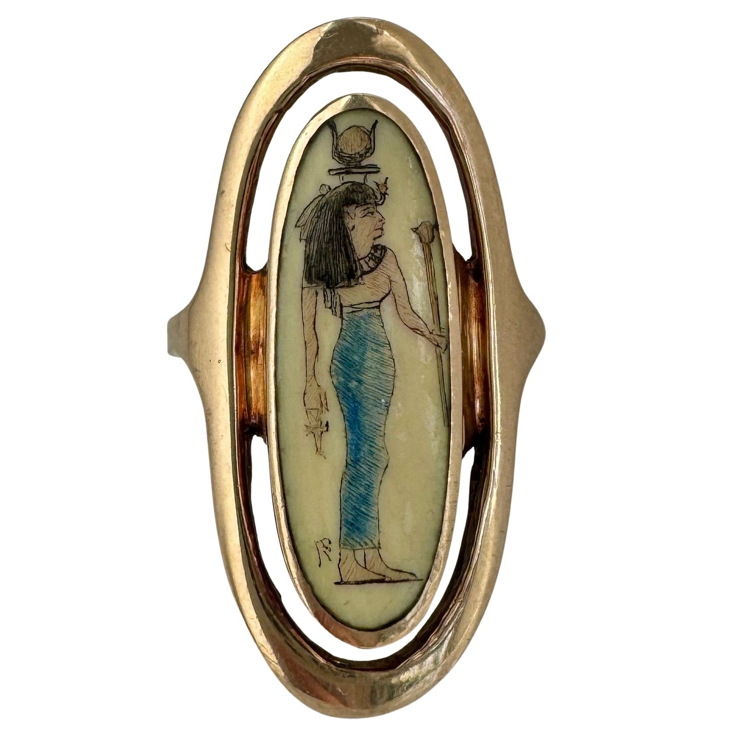 A N T I Q U E // dream deity / 14k Egyptian revival Hathor shield ring / size 5.75