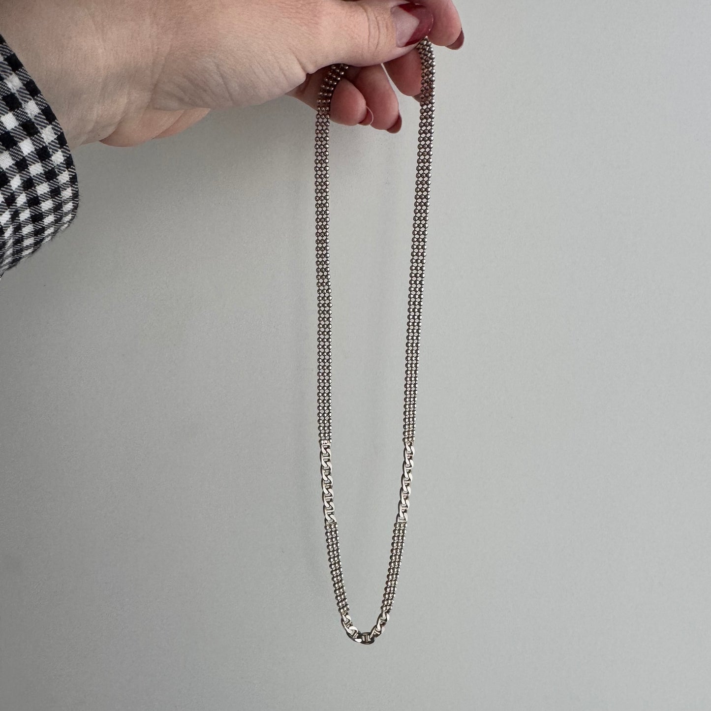 V I N T A G E // flat stations / sterling silver triple ball bead and anchor flat station chain necklace / 18", 14.2g