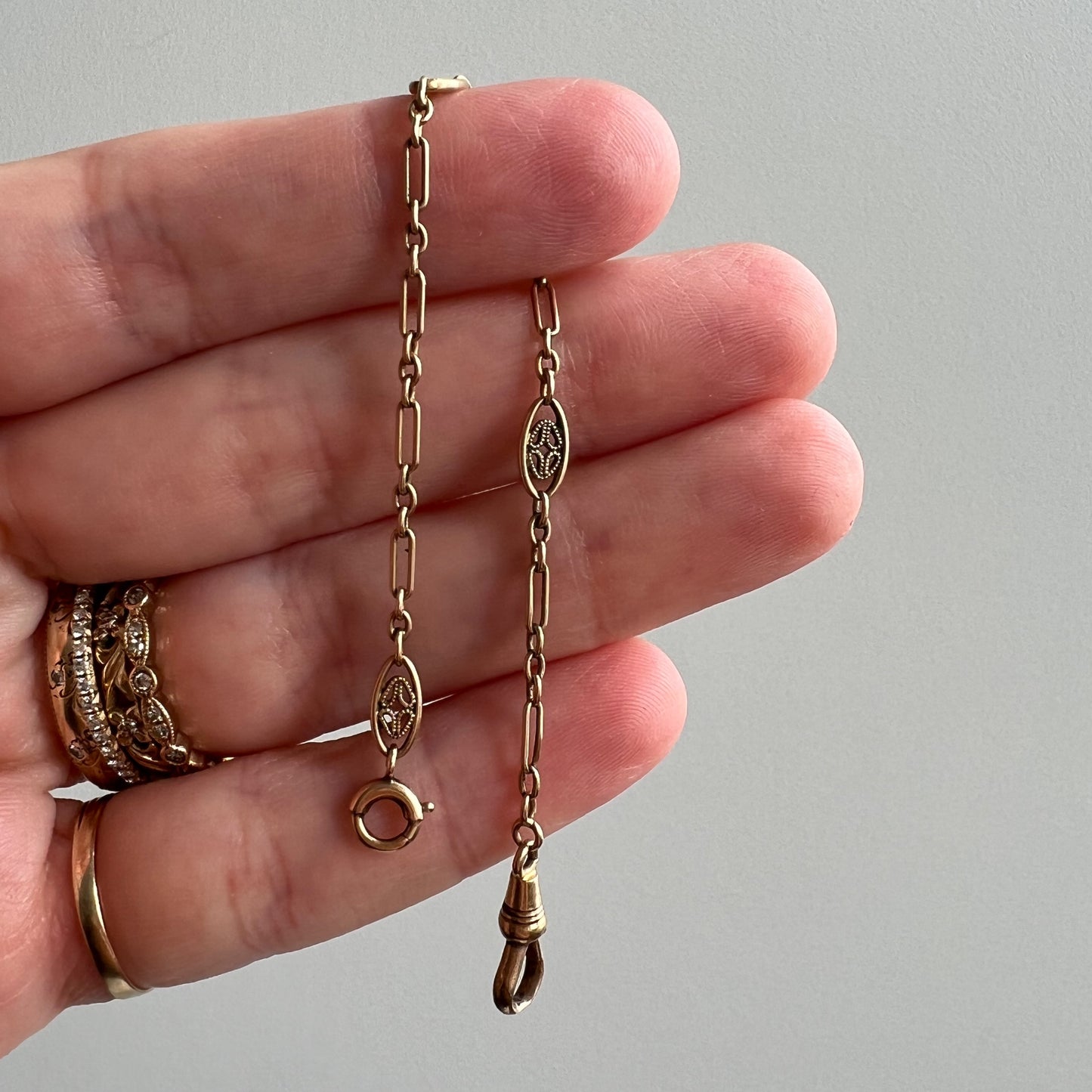 A N T I Q U E // filigree length / 14k rosy gold filigree link trombone chain extender / 5 3/8"