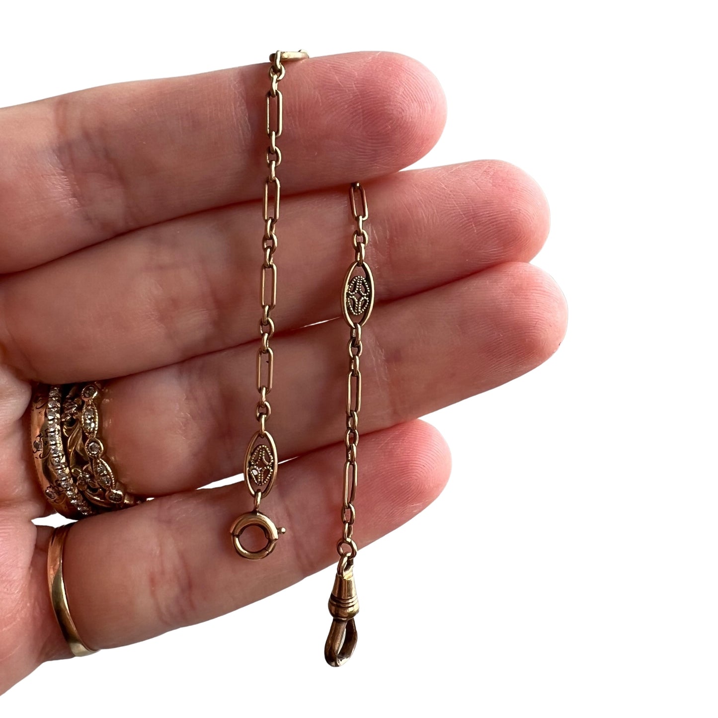 A N T I Q U E // filigree length / 14k rosy gold filigree link trombone chain extender / 5 3/8"