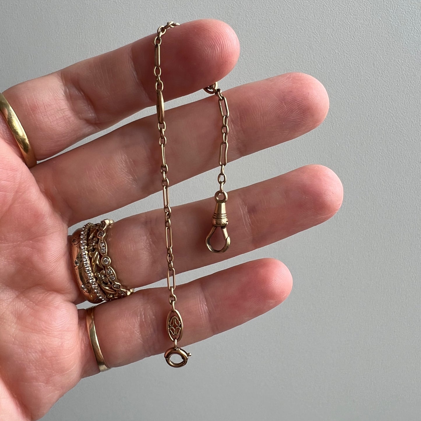 A N T I Q U E // filigree length / 14k rosy gold filigree link trombone chain extender / 5 3/8"