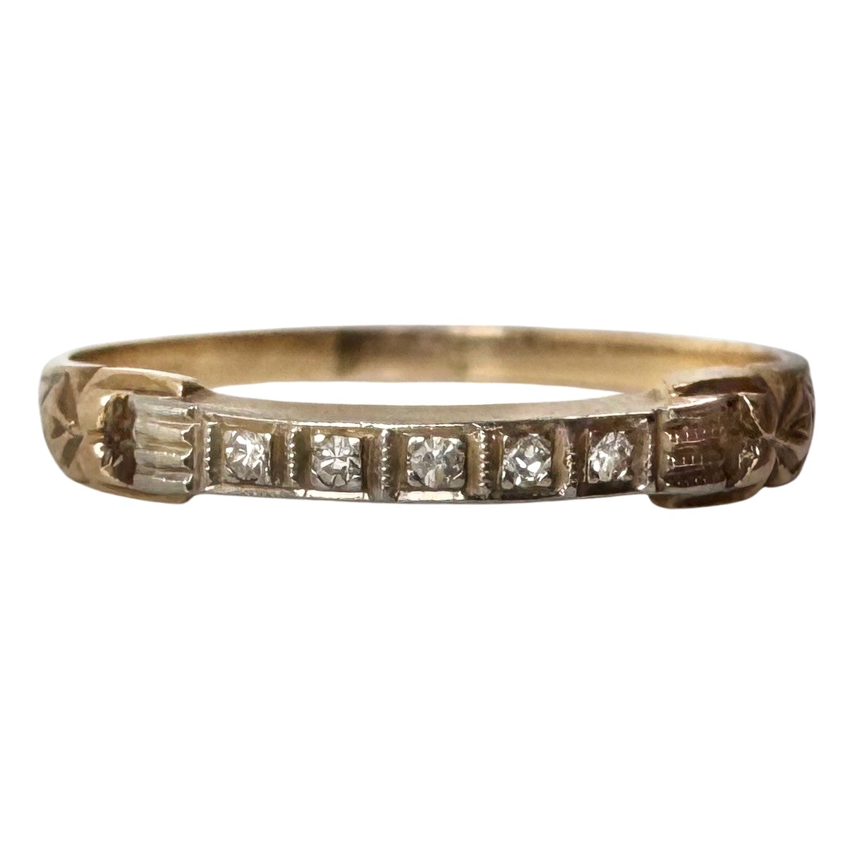 V I N T A G E // art nouveau elegance / 14k yellow and white gold five diamond stacking band / size 9