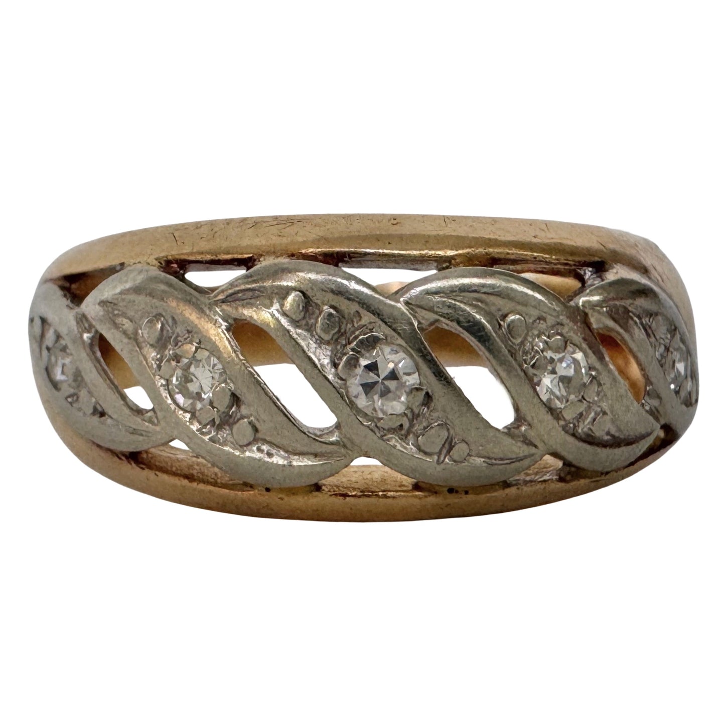 V I N T A G E // windy dome / bicolor 14k and diamond five stone domed wide band / size 6