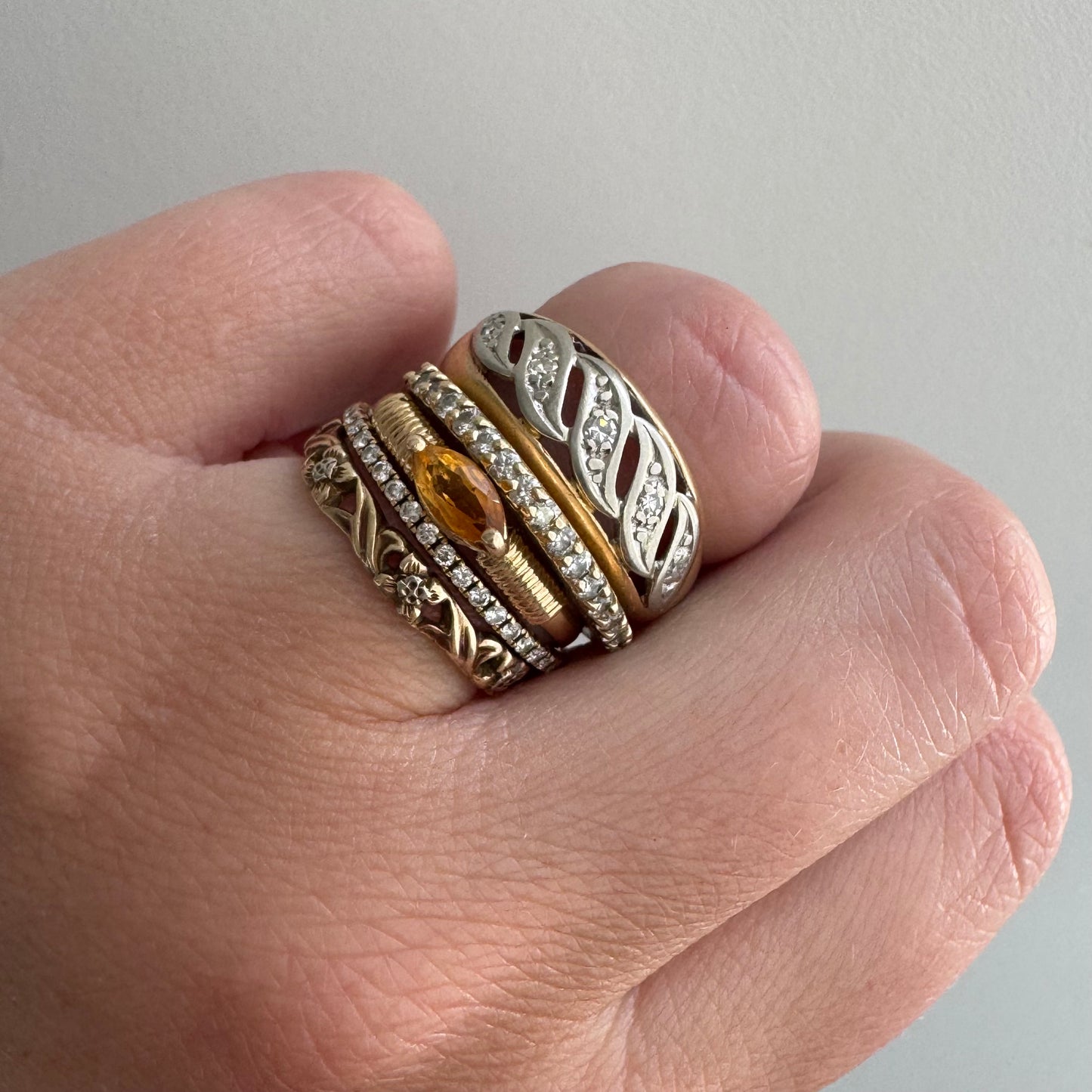 V I N T A G E // windy dome / bicolor 14k and diamond five stone domed wide band / size 6