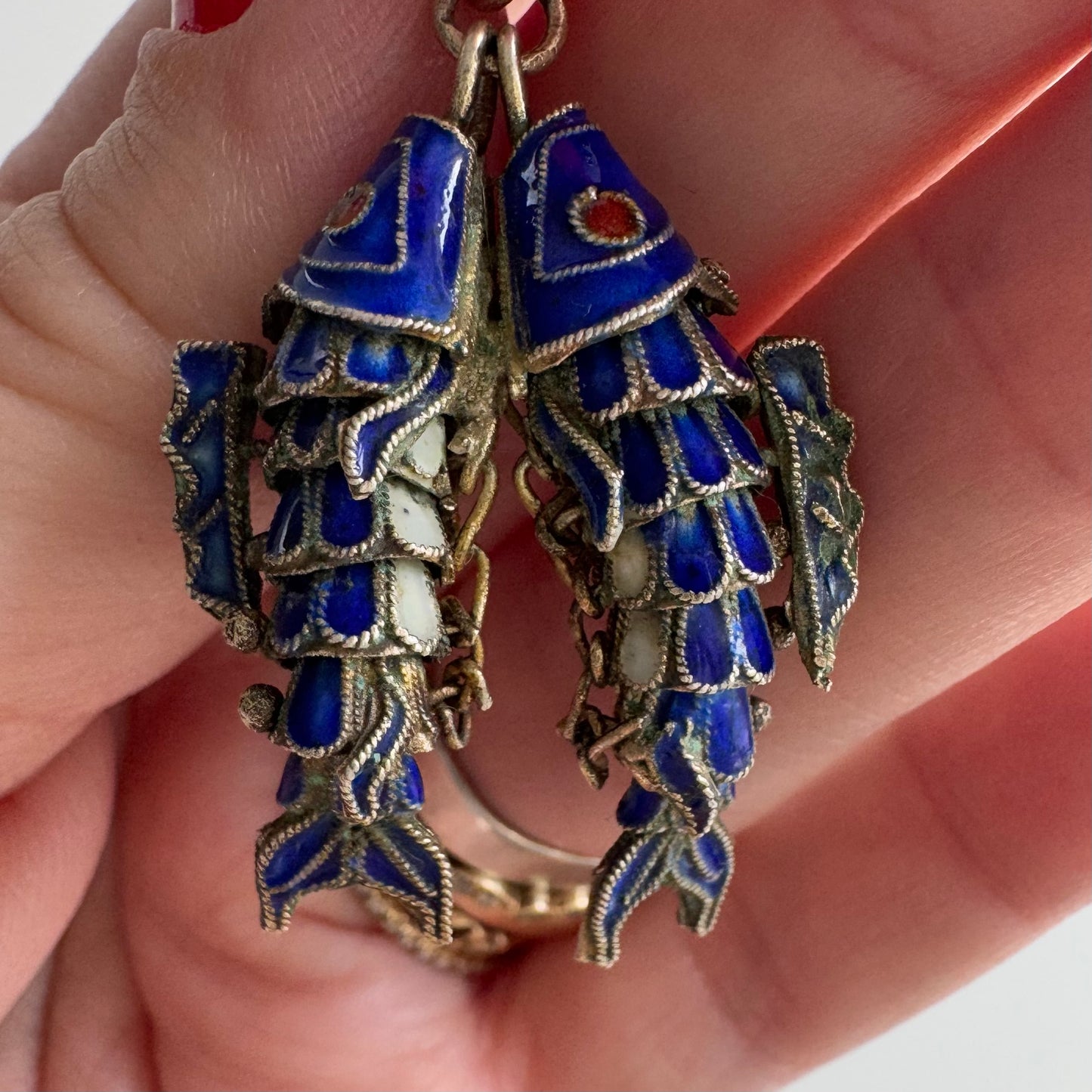 V I N T A G E // fish elegance / gold vermeil over sterling silver cobalt blue enameled articulated fish duo / a pendant