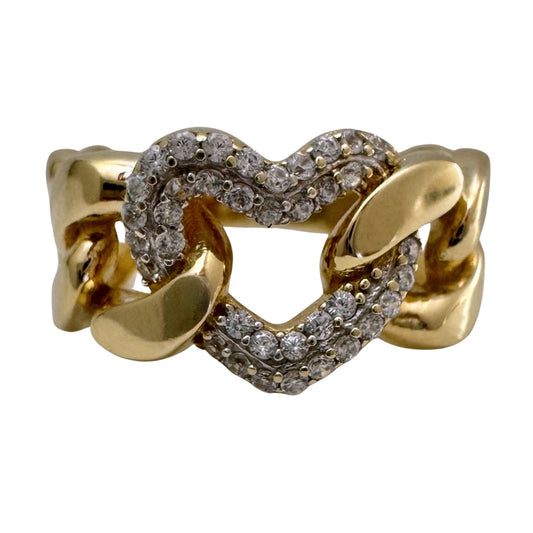 P R E - L O V E D // linked up love / 14k yellow gold and pave diamond heart and curb chain style ring / size 7.75